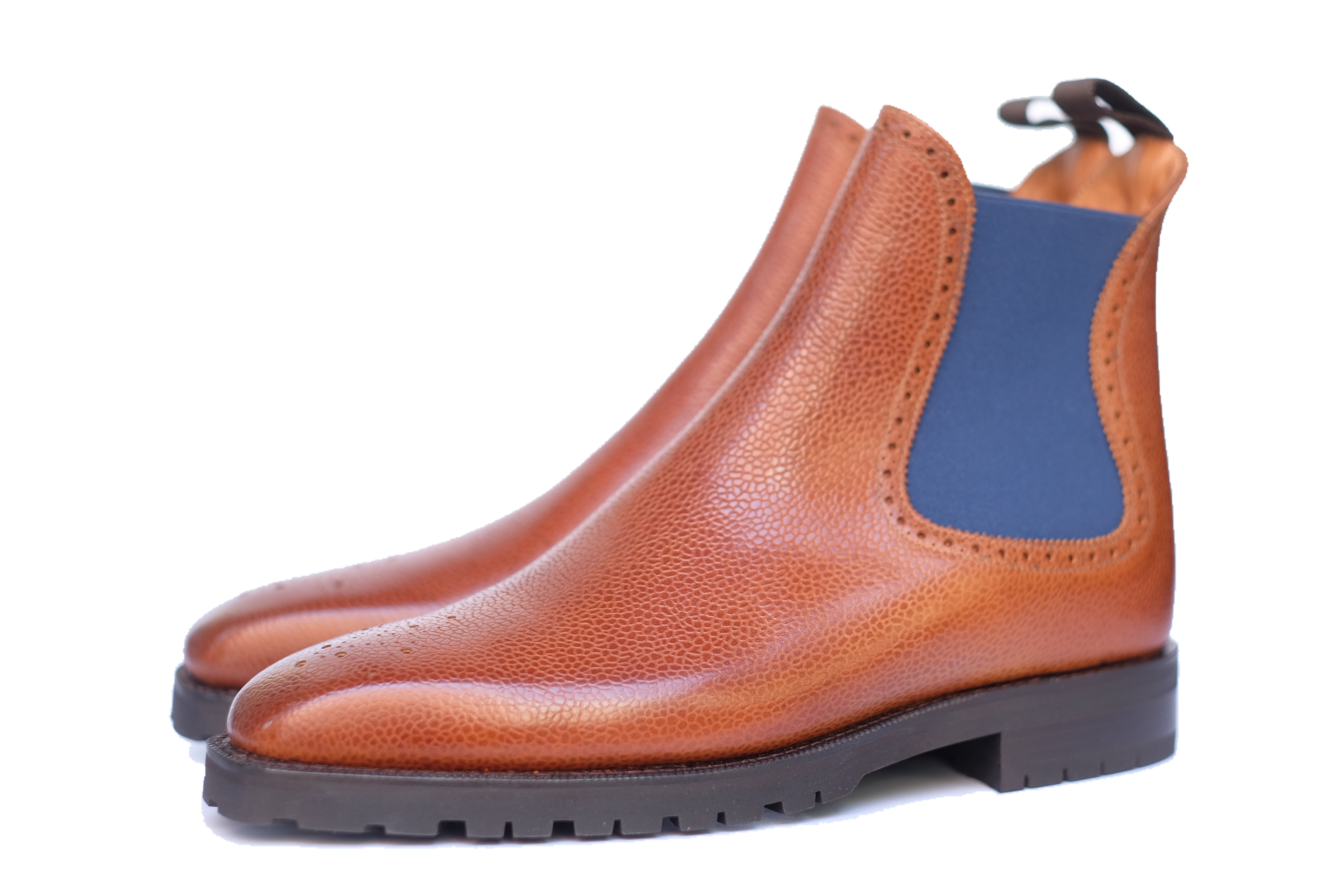 Pasco - MTO - Tan Grain / Blue Gore - MGF Last - Commando Sole-Made To Order Chelsea Boot Medallion-J.FitzPatrick Footwear