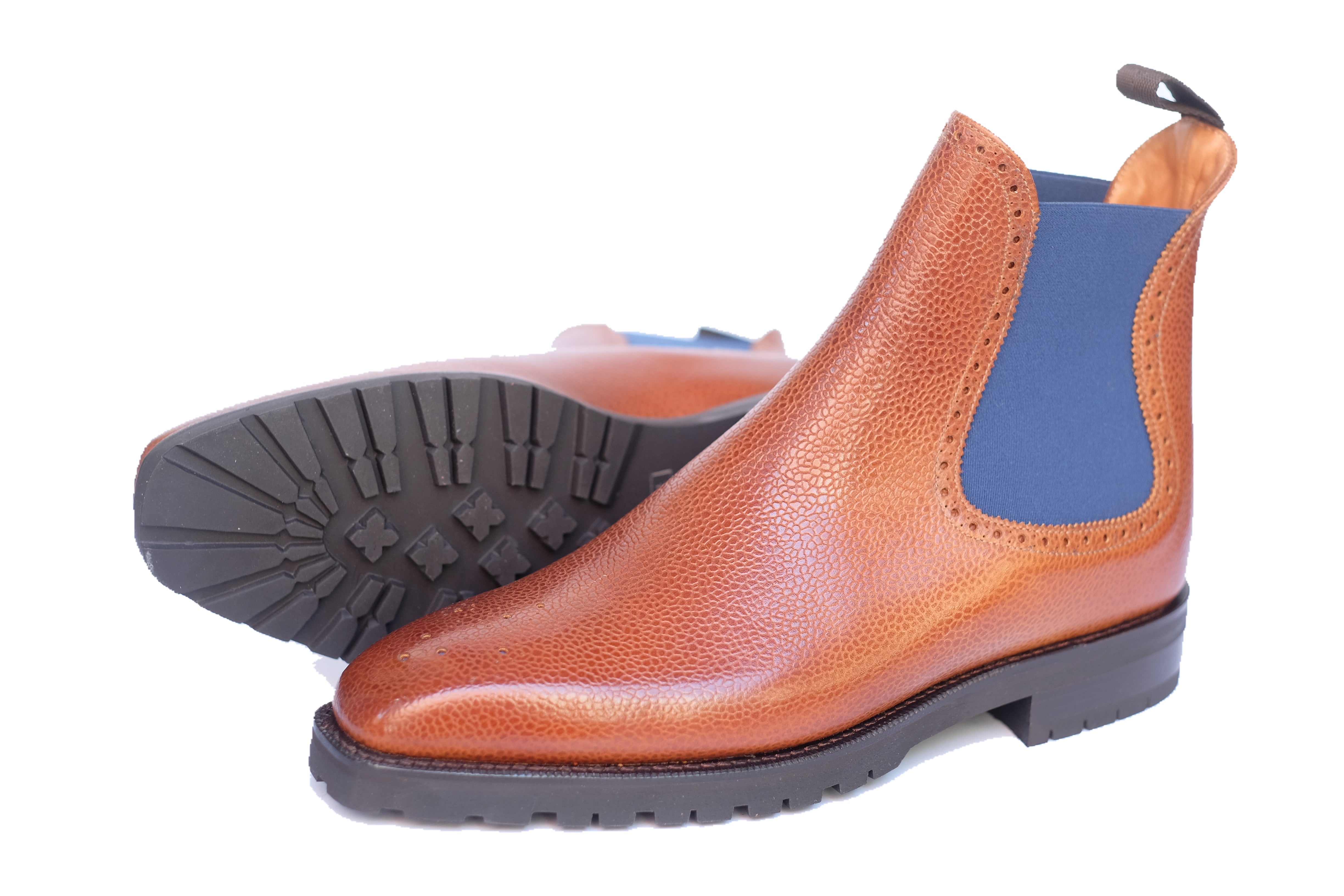 Pasco - MTO - Tan Grain / Blue Gore - MGF Last - Commando Sole-Made To Order Chelsea Boot Medallion-J.FitzPatrick Footwear