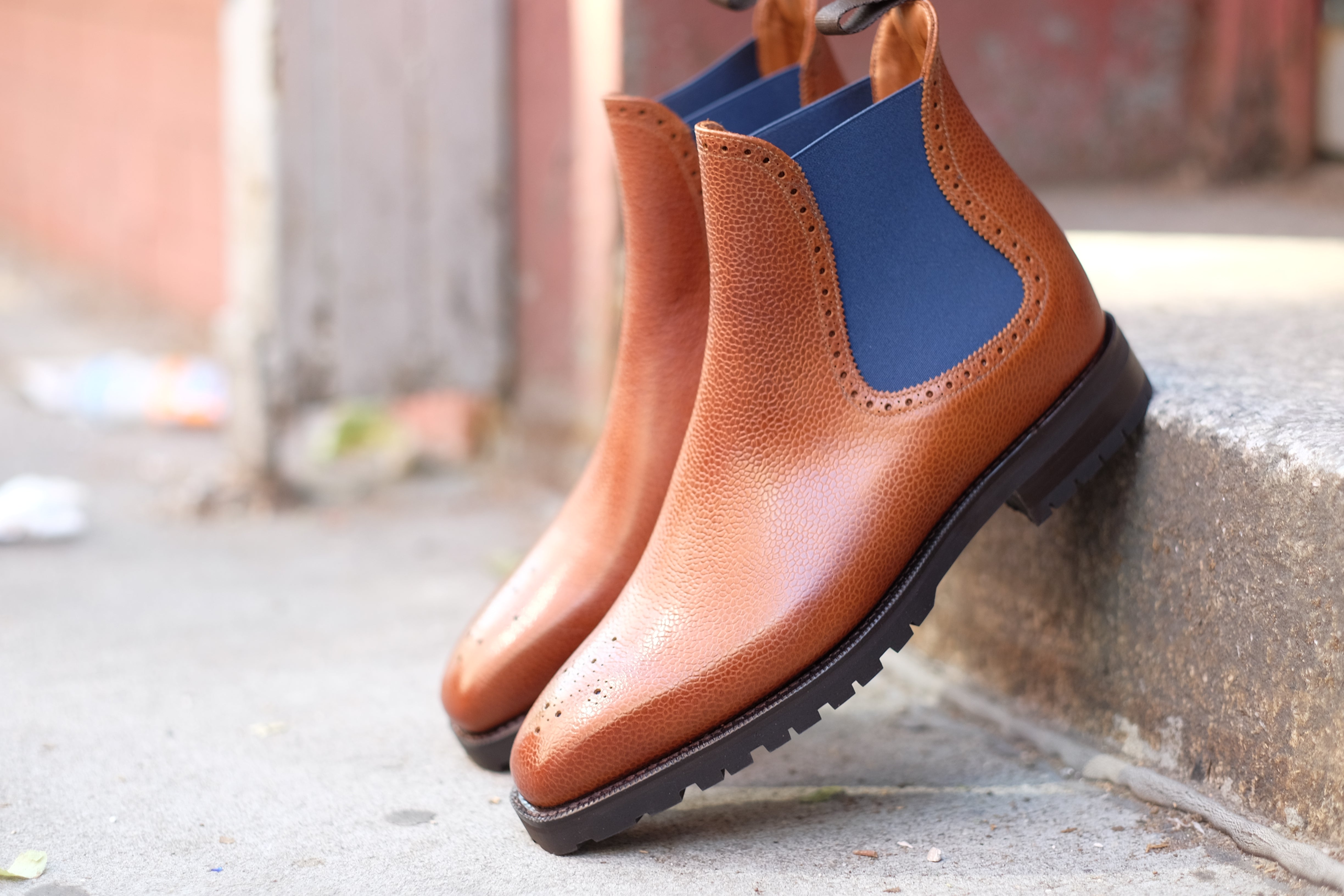 Pasco - MTO - Tan Grain / Blue Gore - MGF Last - Commando Sole-Made To Order Chelsea Boot Medallion-J.FitzPatrick Footwear