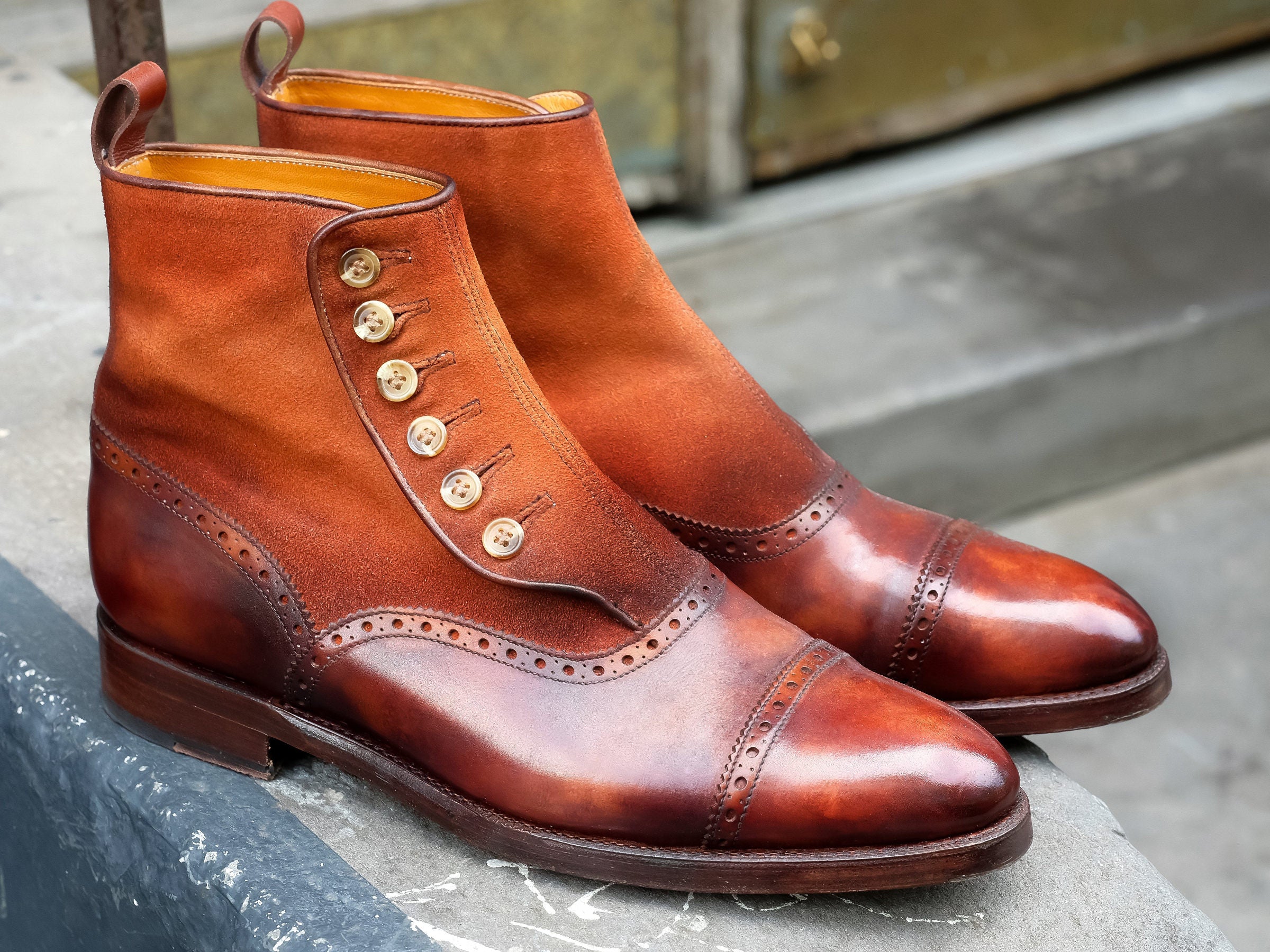 Patina Marigold - MTO - Puyallup Redux-Made To Order Button Boot Cap Toe Brogue-J.FitzPatrick Footwear