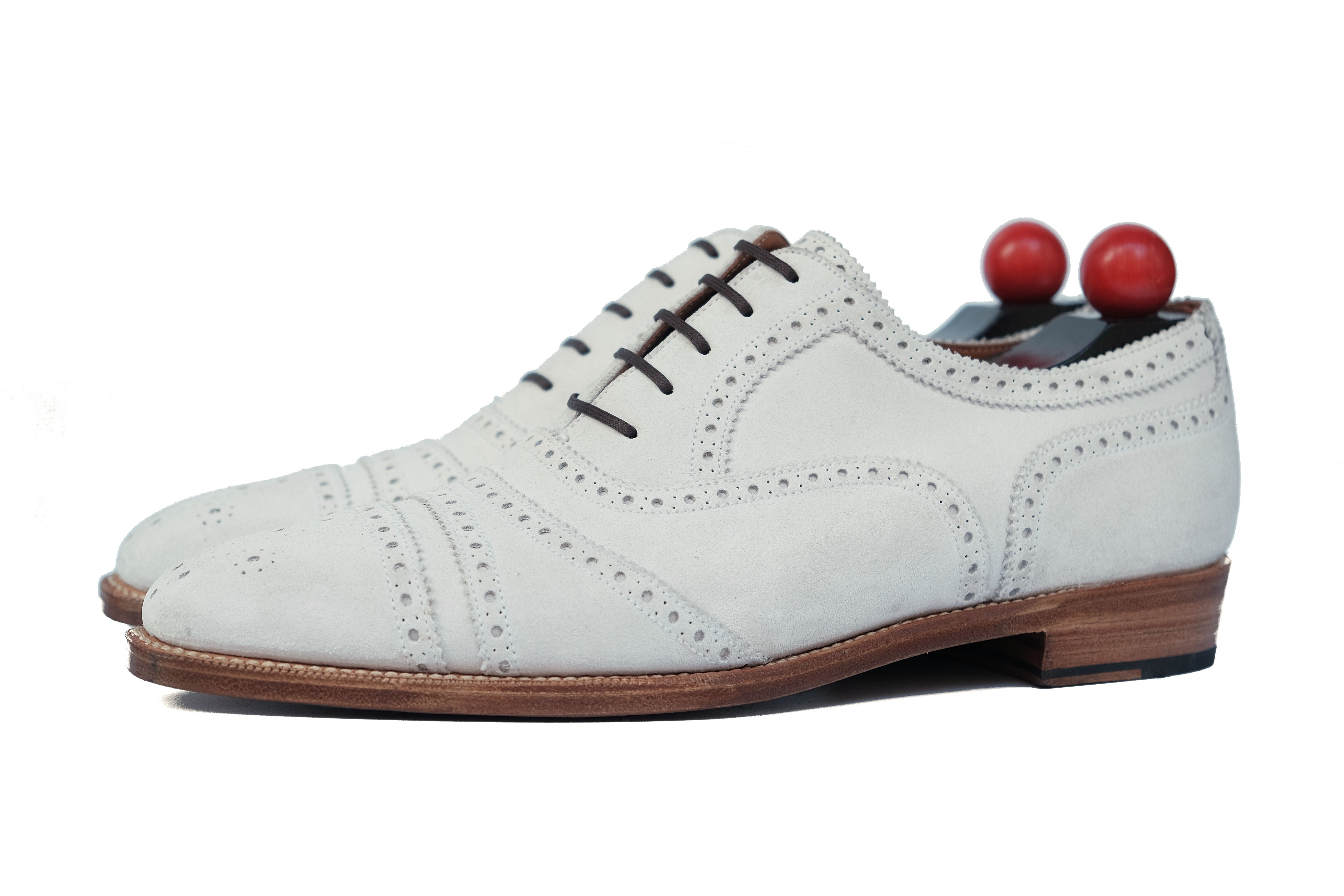 Phillips MTO - White Suede - MGF Last - Single Leather Sole - Fleur De Lys Medallion-Made To Order Captoe Cap Toe Tarsal Brogue Spectator Oxfords-J.FitzPatrick Footwear