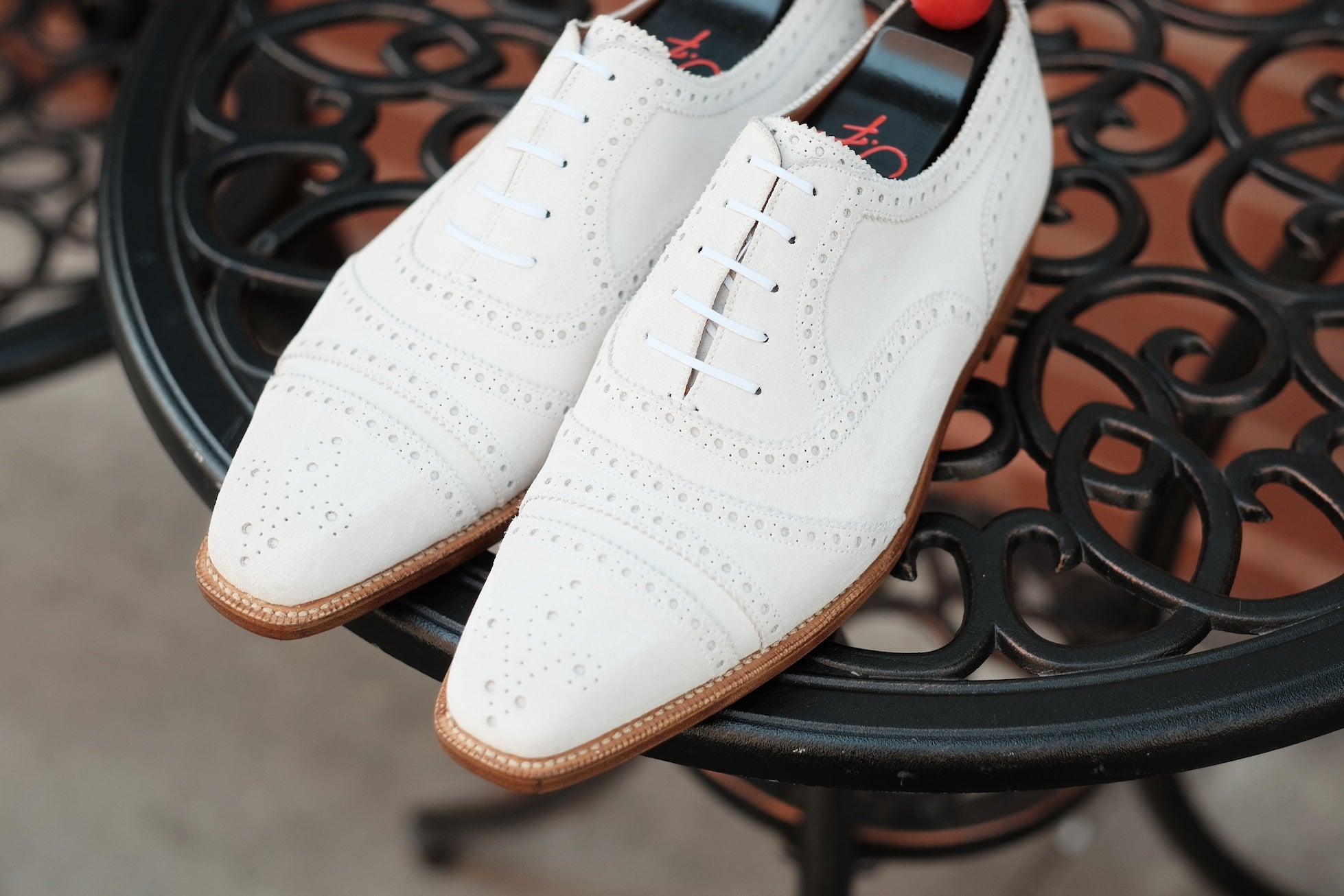 Phillips MTO - White Suede - MGF Last - Single Leather Sole - Fleur De Lys Medallion-Made To Order Captoe Cap Toe Tarsal Brogue Spectator Oxfords-J.FitzPatrick Footwear