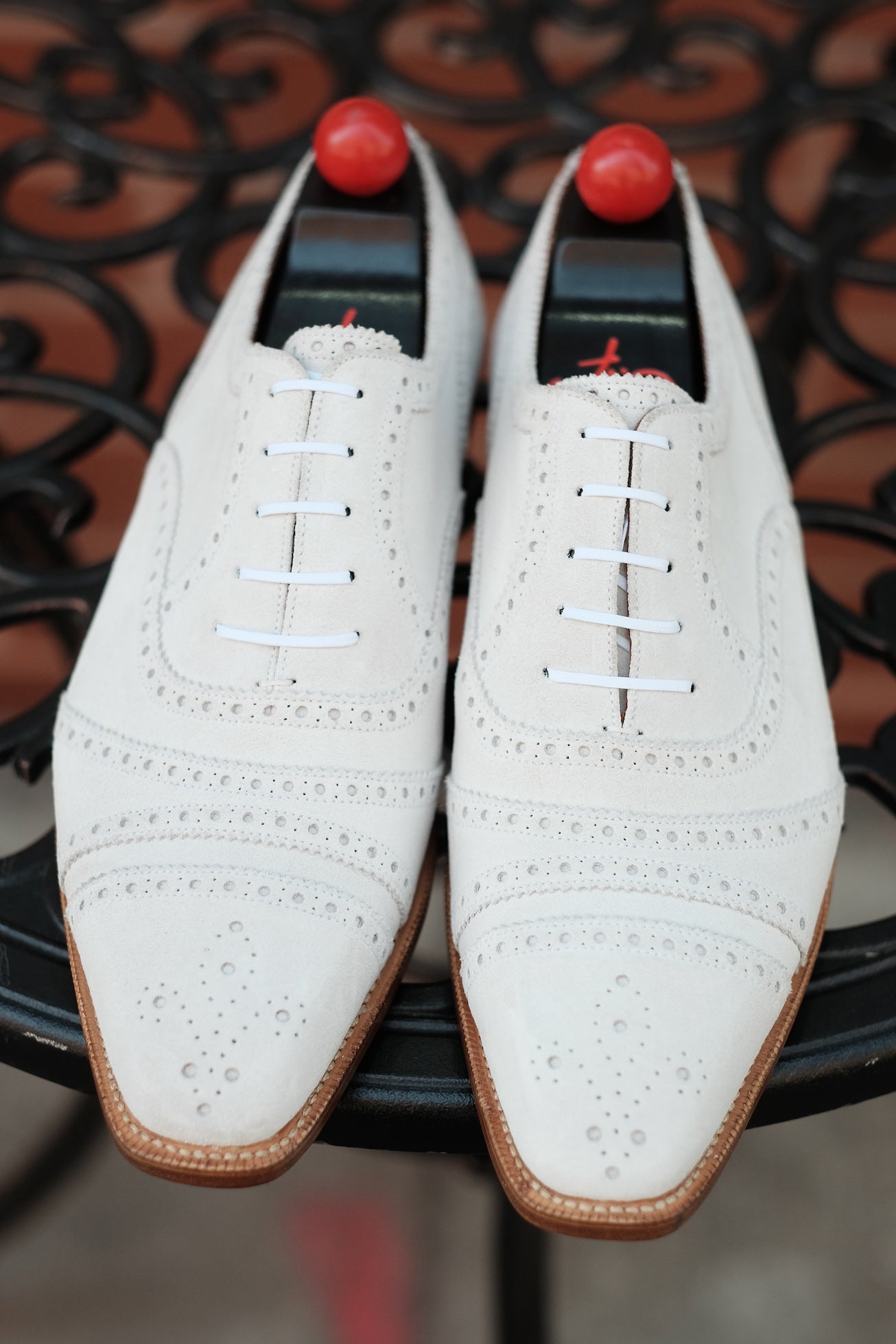 Phillips MTO - White Suede - MGF Last - Single Leather Sole - Fleur De Lys Medallion-Made To Order Captoe Cap Toe Tarsal Brogue Spectator Oxfords-J.FitzPatrick Footwear