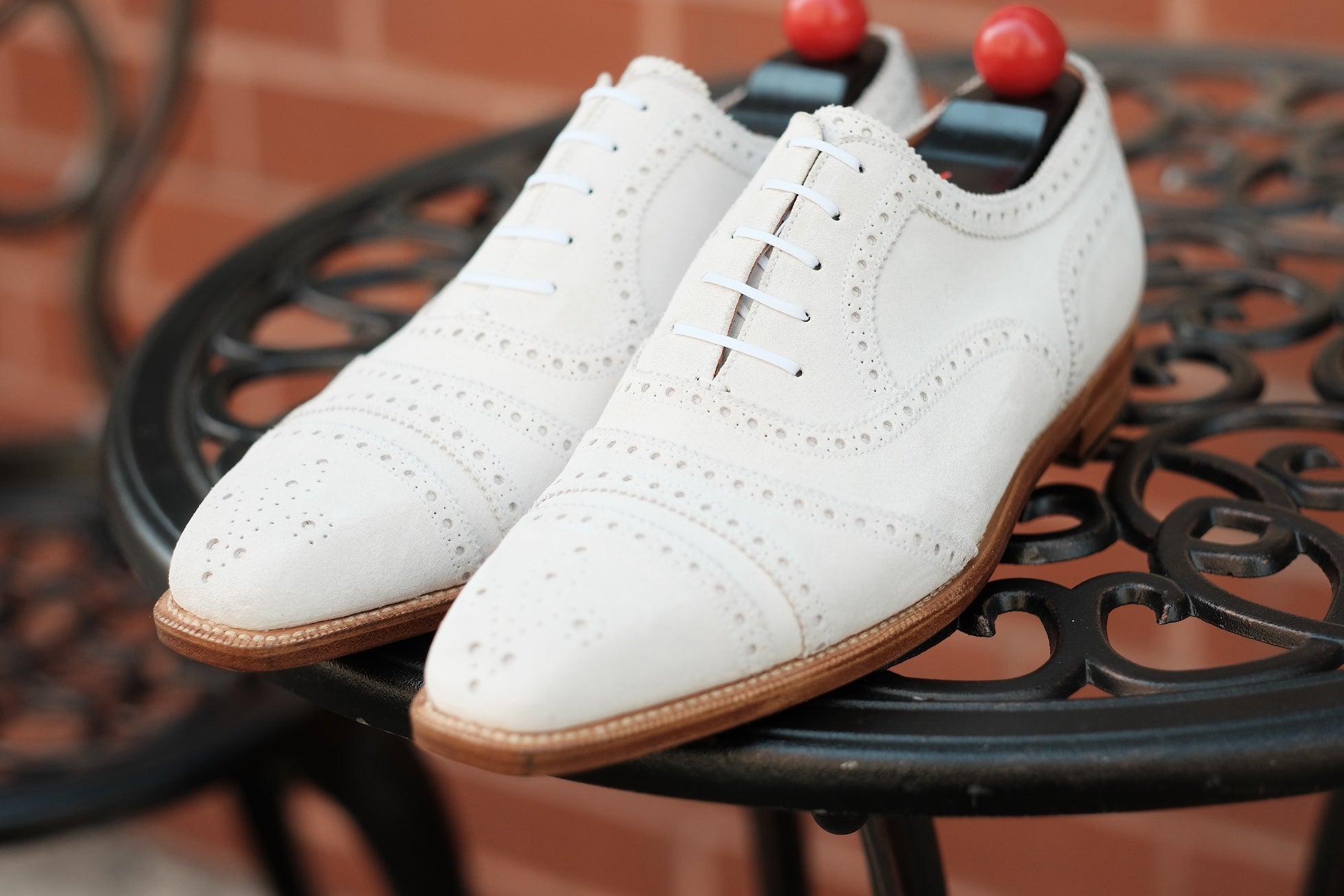 Phillips MTO - White Suede - MGF Last - Single Leather Sole - Fleur De Lys Medallion-Made To Order Captoe Cap Toe Tarsal Brogue Spectator Oxfords-J.FitzPatrick Footwear
