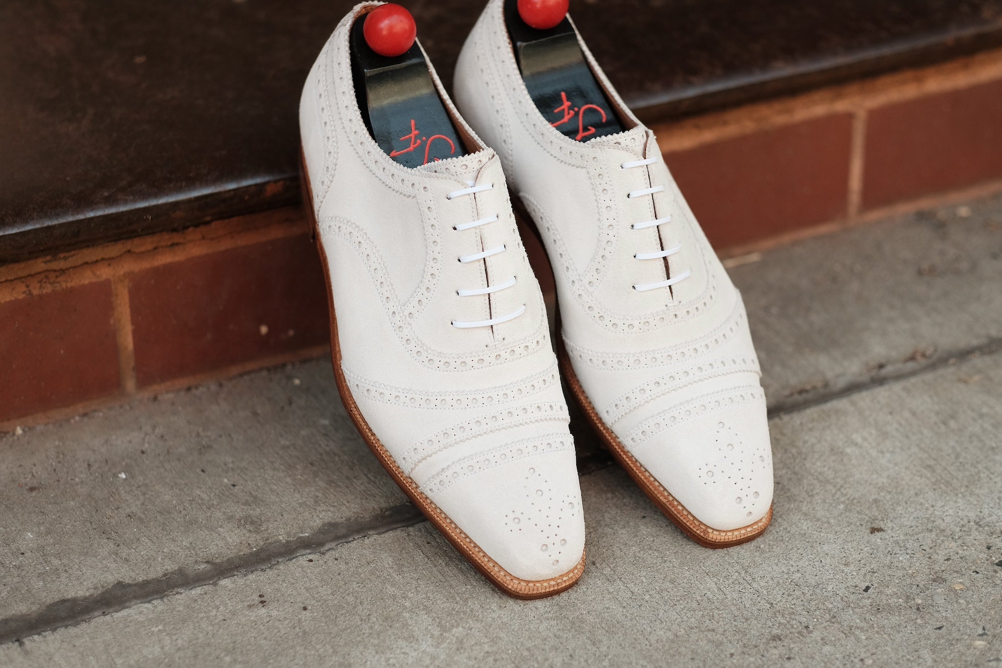 Phillips MTO - White Suede - MGF Last - Single Leather Sole - Fleur De Lys Medallion-Made To Order Captoe Cap Toe Tarsal Brogue Spectator Oxfords-J.FitzPatrick Footwear
