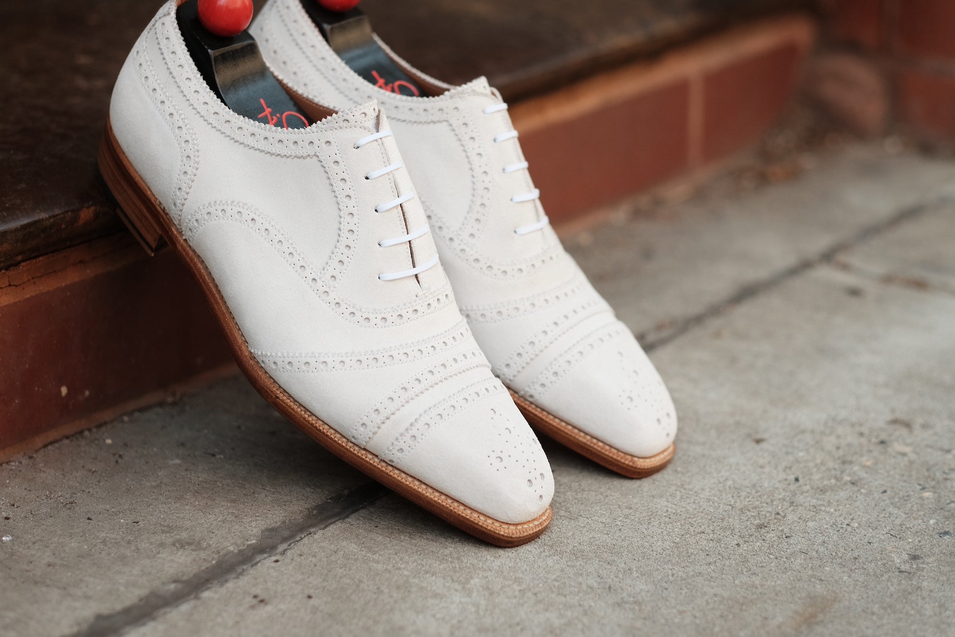 Phillips MTO - White Suede - MGF Last - Single Leather Sole - Fleur De Lys Medallion-Made To Order Captoe Cap Toe Tarsal Brogue Spectator Oxfords-J.FitzPatrick Footwear