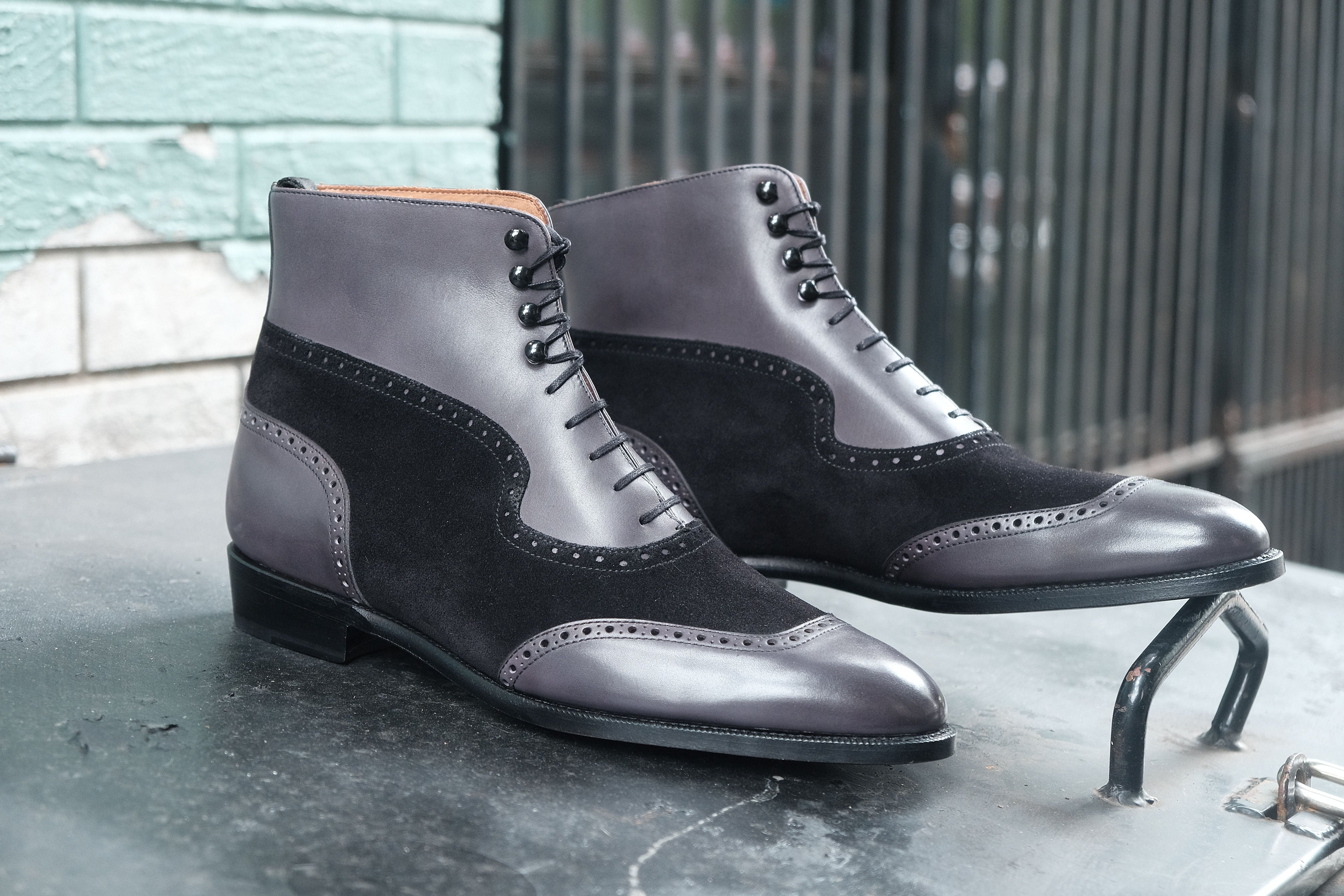 Pinehurst - MTO - Shaded Grey Calf / Black Suede - TMG Last - Single Leather Sole-Made To Order Lace Laceup Balmoral Boot Brogue-J.FitzPatrick Footwear