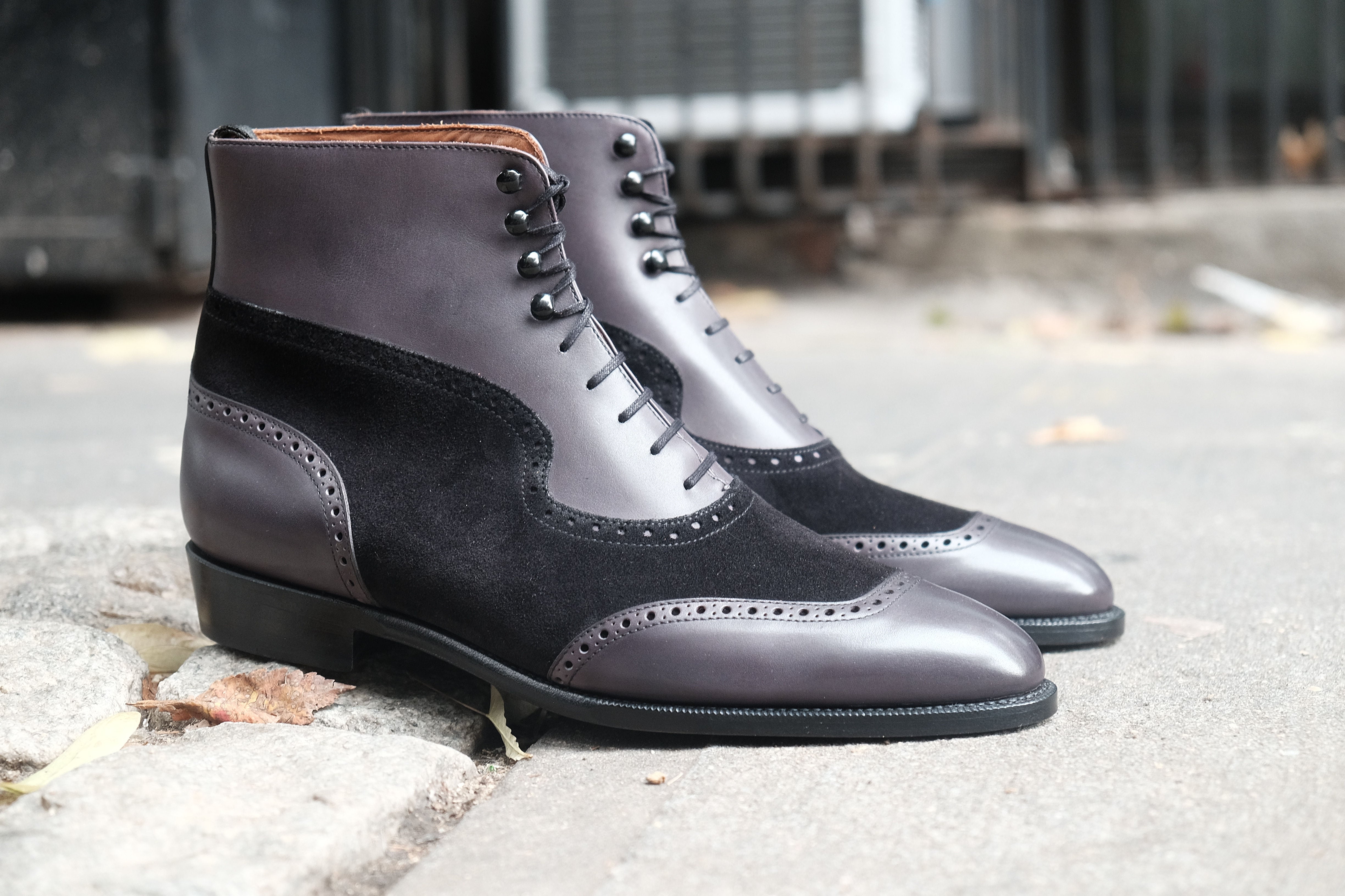 Pinehurst - MTO - Shaded Grey Calf / Black Suede - TMG Last - Single Leather Sole-Made To Order Lace Laceup Balmoral Boot Brogue-J.FitzPatrick Footwear