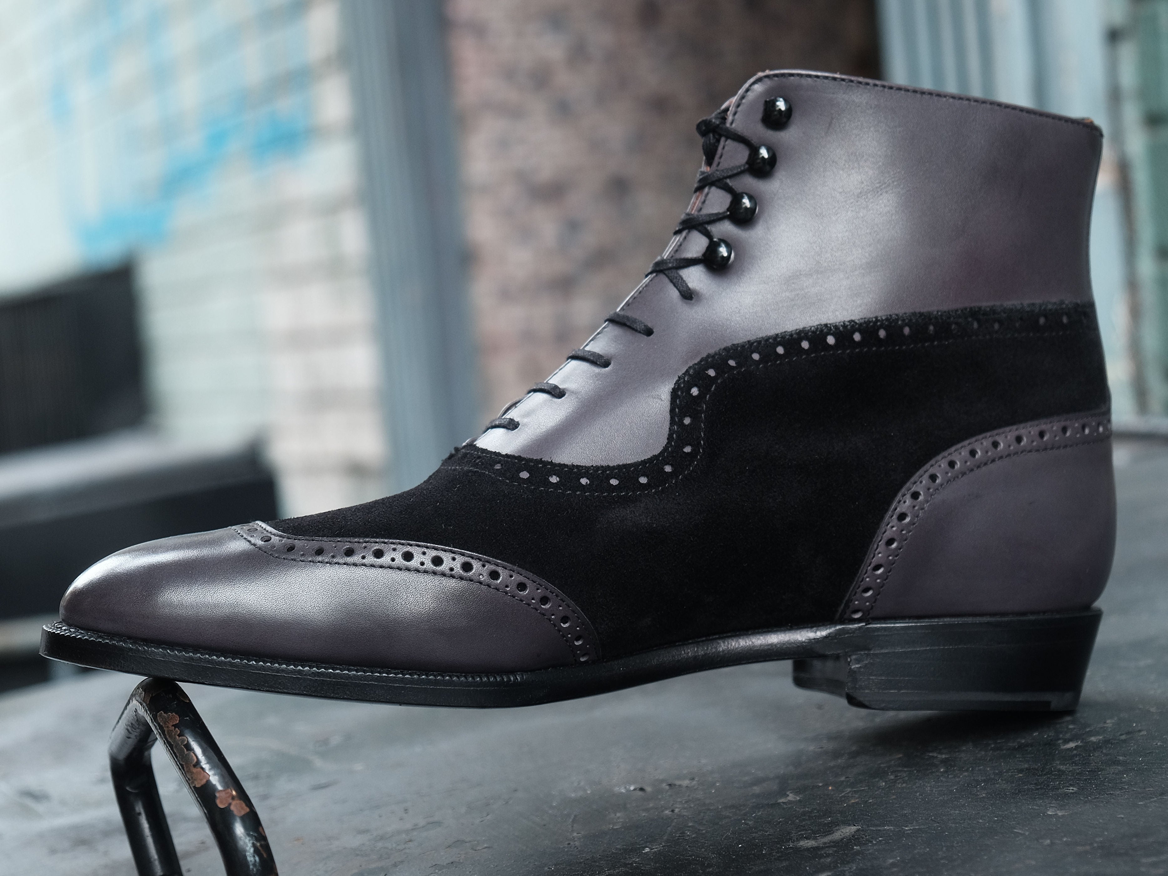 Pinehurst - MTO - Shaded Grey Calf / Black Suede - TMG Last - Single Leather Sole-Made To Order Lace Laceup Balmoral Boot Brogue-J.FitzPatrick Footwear