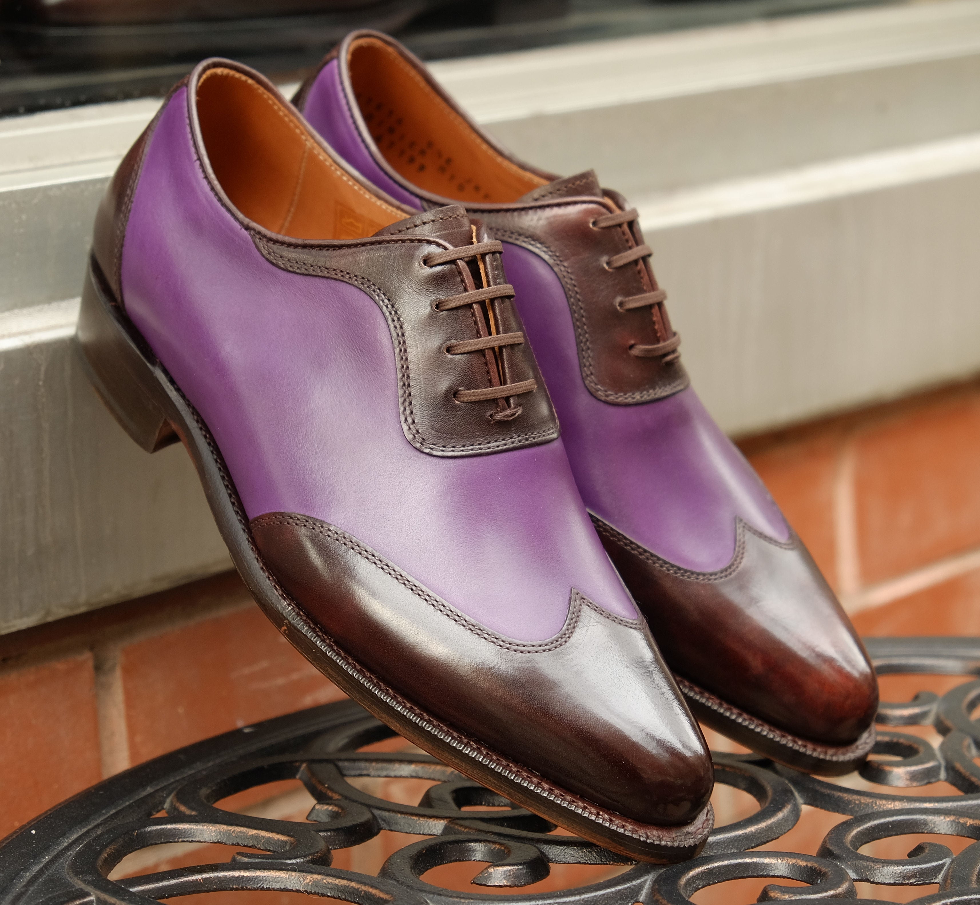 Rainier - MTO - Dark Brown Museum Calf / Shaded Purple Calf - JKF Last - Single Leather Sole-Made To Order Austerity Brogue Adelaide Oxfords-J.FitzPatrick Footwear