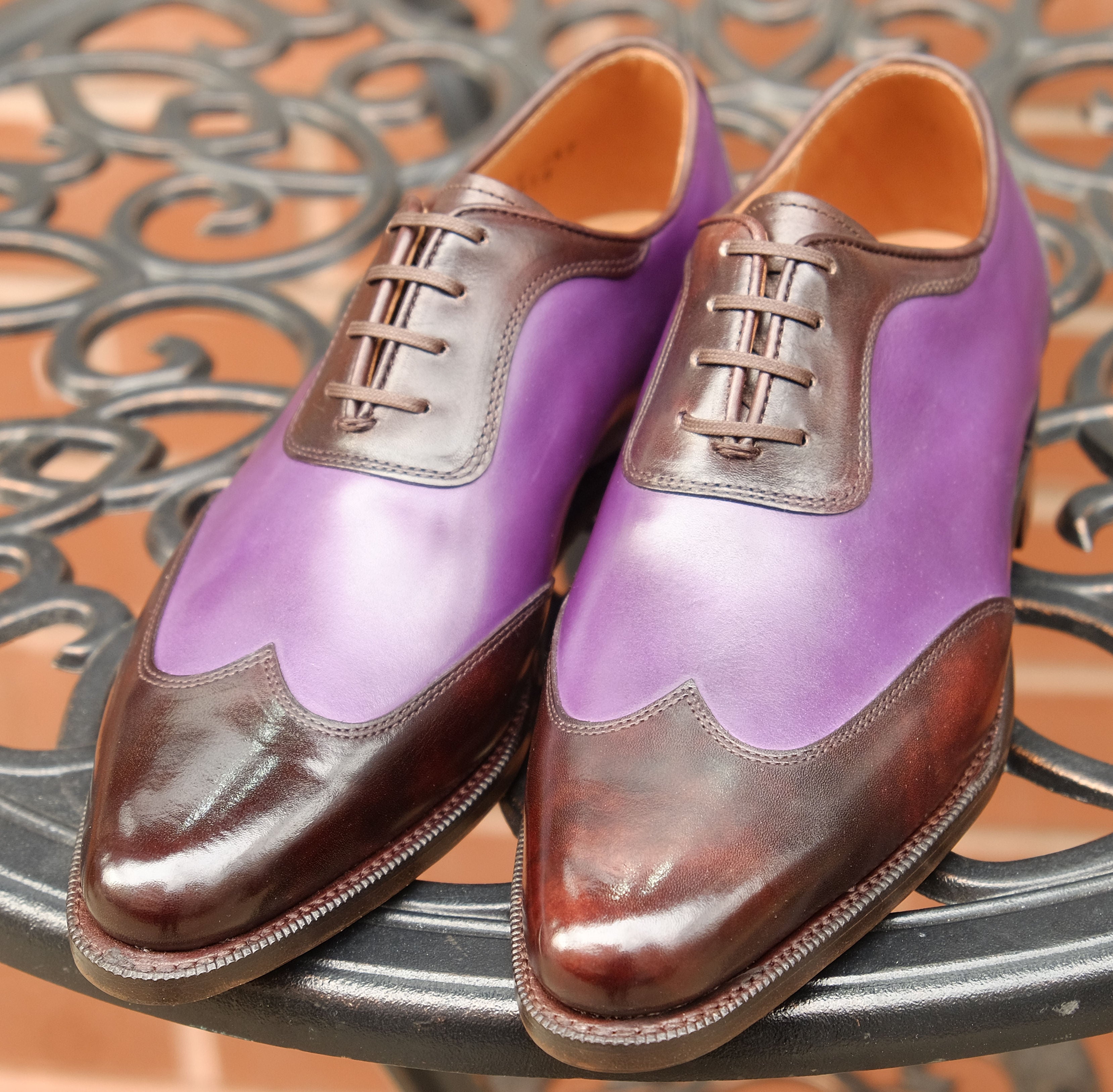 Rainier - MTO - Dark Brown Museum Calf / Shaded Purple Calf - JKF Last - Single Leather Sole-Made To Order Austerity Brogue Adelaide Oxfords-J.FitzPatrick Footwear