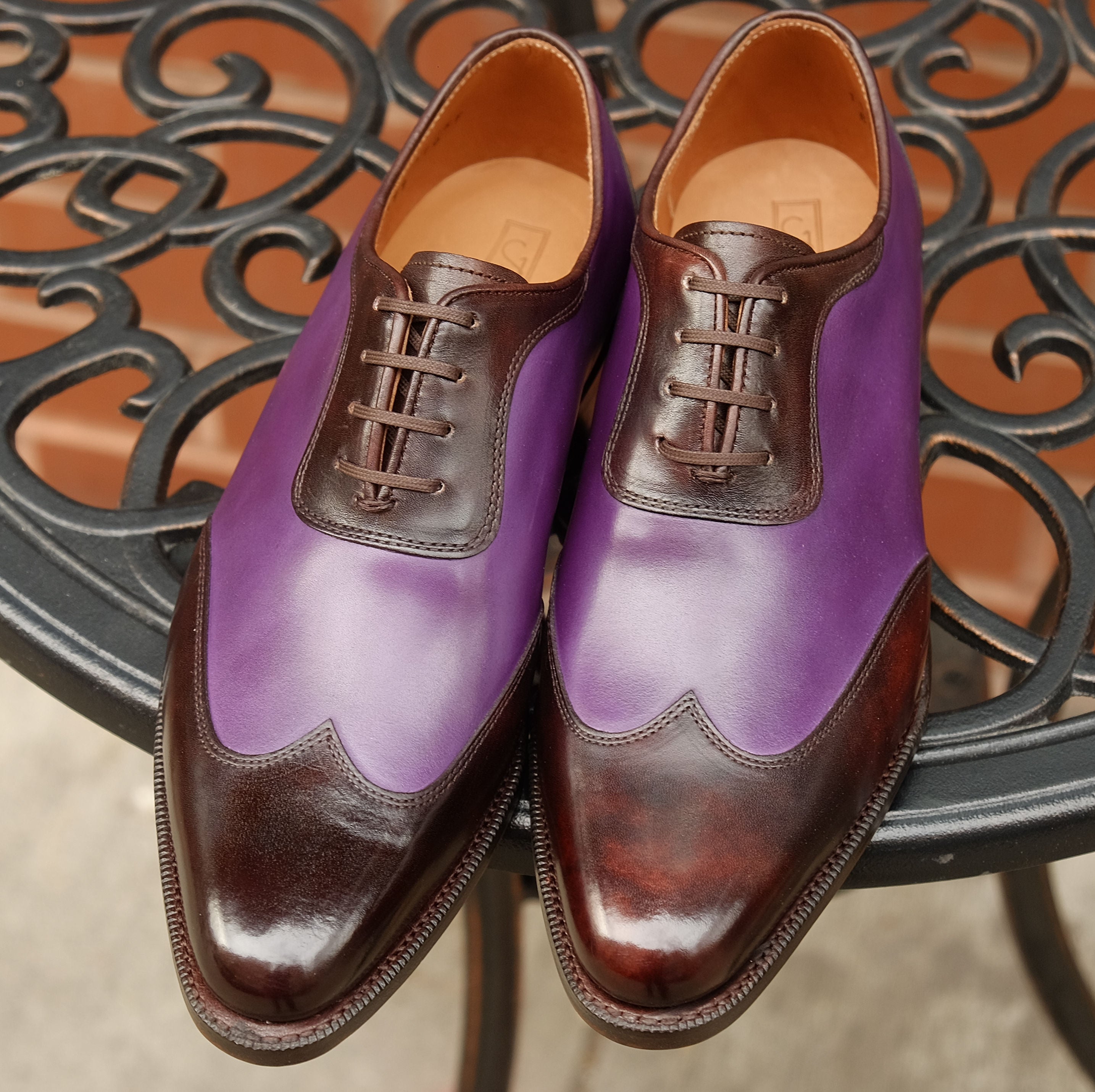 Rainier - MTO - Dark Brown Museum Calf / Shaded Purple Calf - JKF Last - Single Leather Sole-Made To Order Austerity Brogue Adelaide Oxfords-J.FitzPatrick Footwear