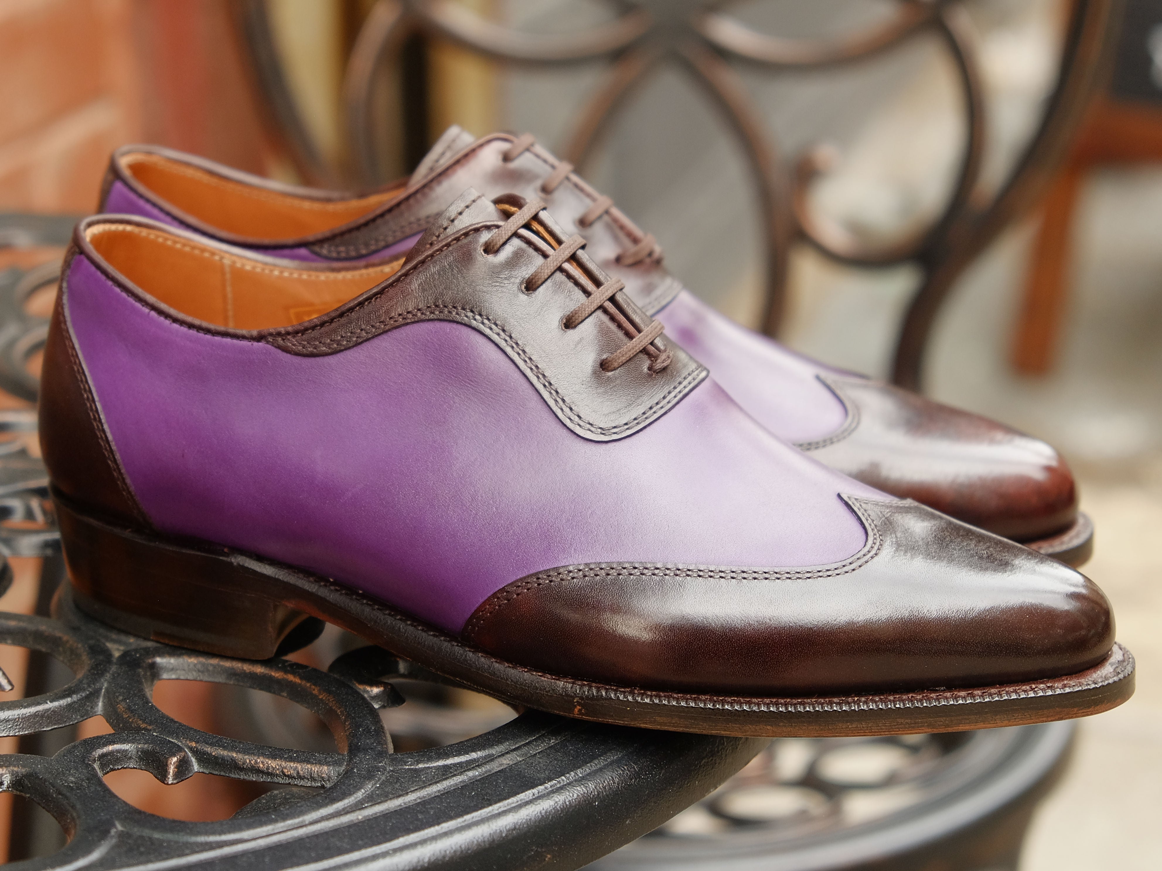 Rainier - MTO - Dark Brown Museum Calf / Shaded Purple Calf - JKF Last - Single Leather Sole-Made To Order Austerity Brogue Adelaide Oxfords-J.FitzPatrick Footwear