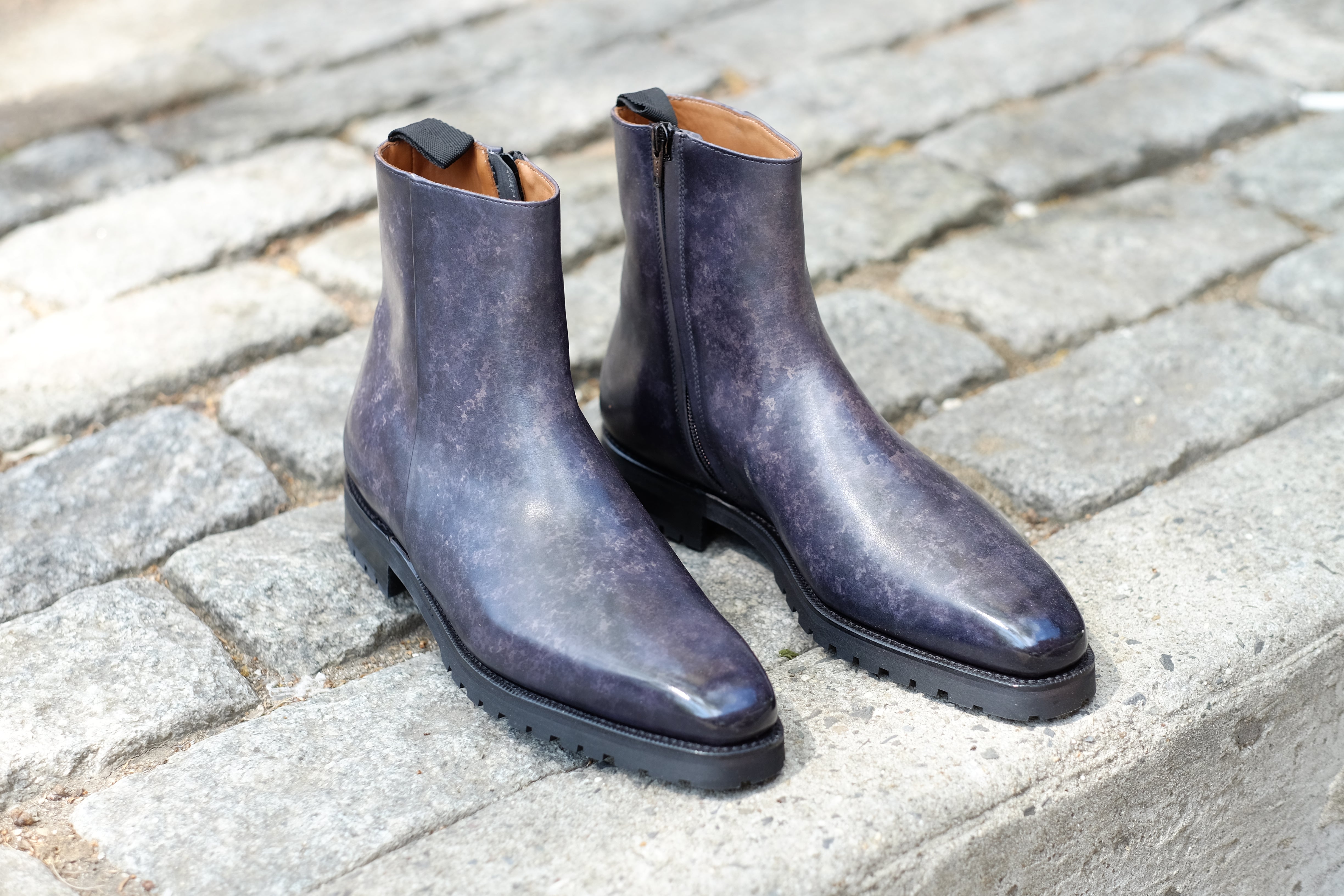 Southcenter - MTO - Black Marble Patina - MGF Last - Commando Sole-Made To Order Zip Zipper Boots-J.FitzPatrick Footwear