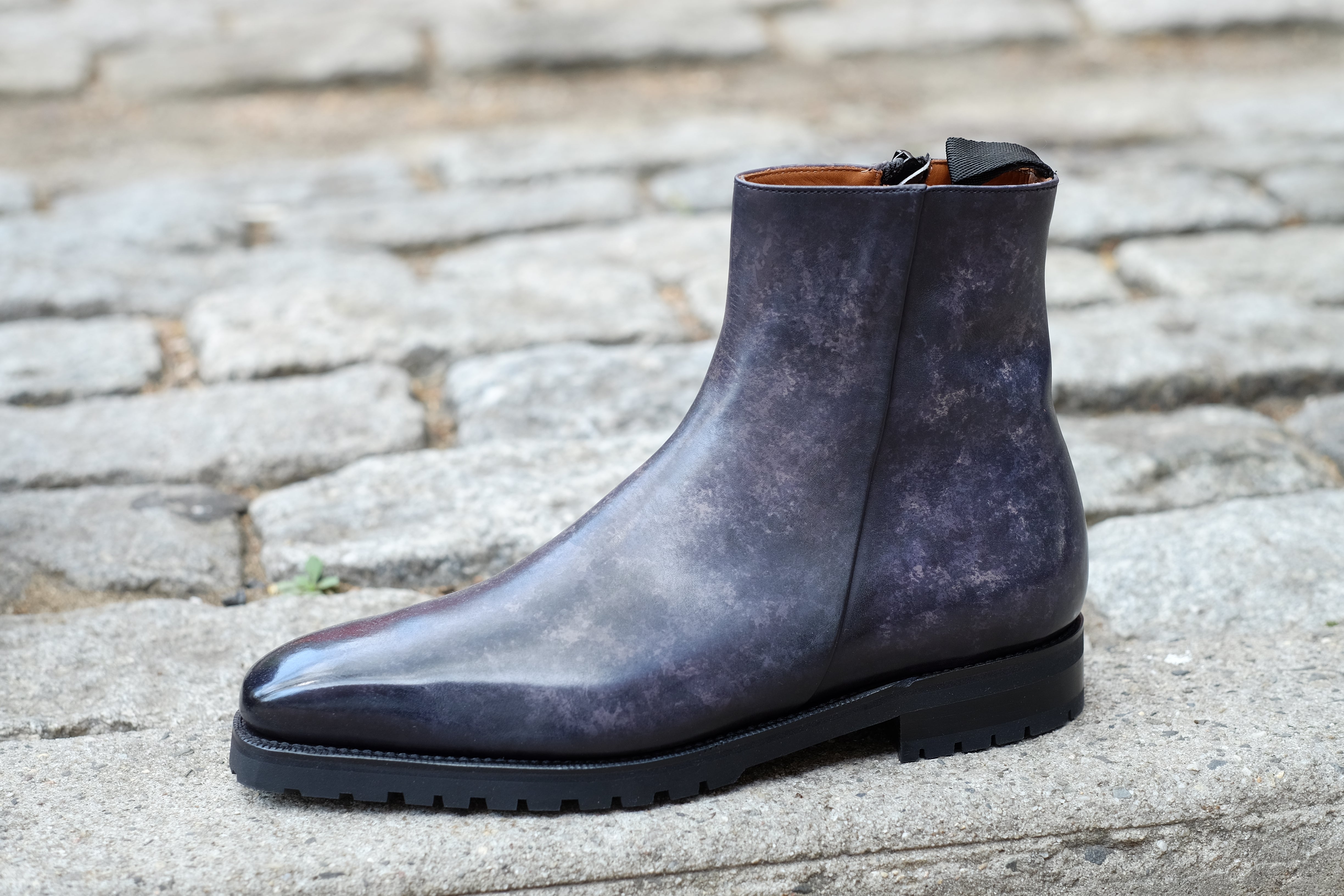 Southcenter - MTO - Black Marble Patina - MGF Last - Commando Sole-Made To Order Zip Zipper Boots-J.FitzPatrick Footwear