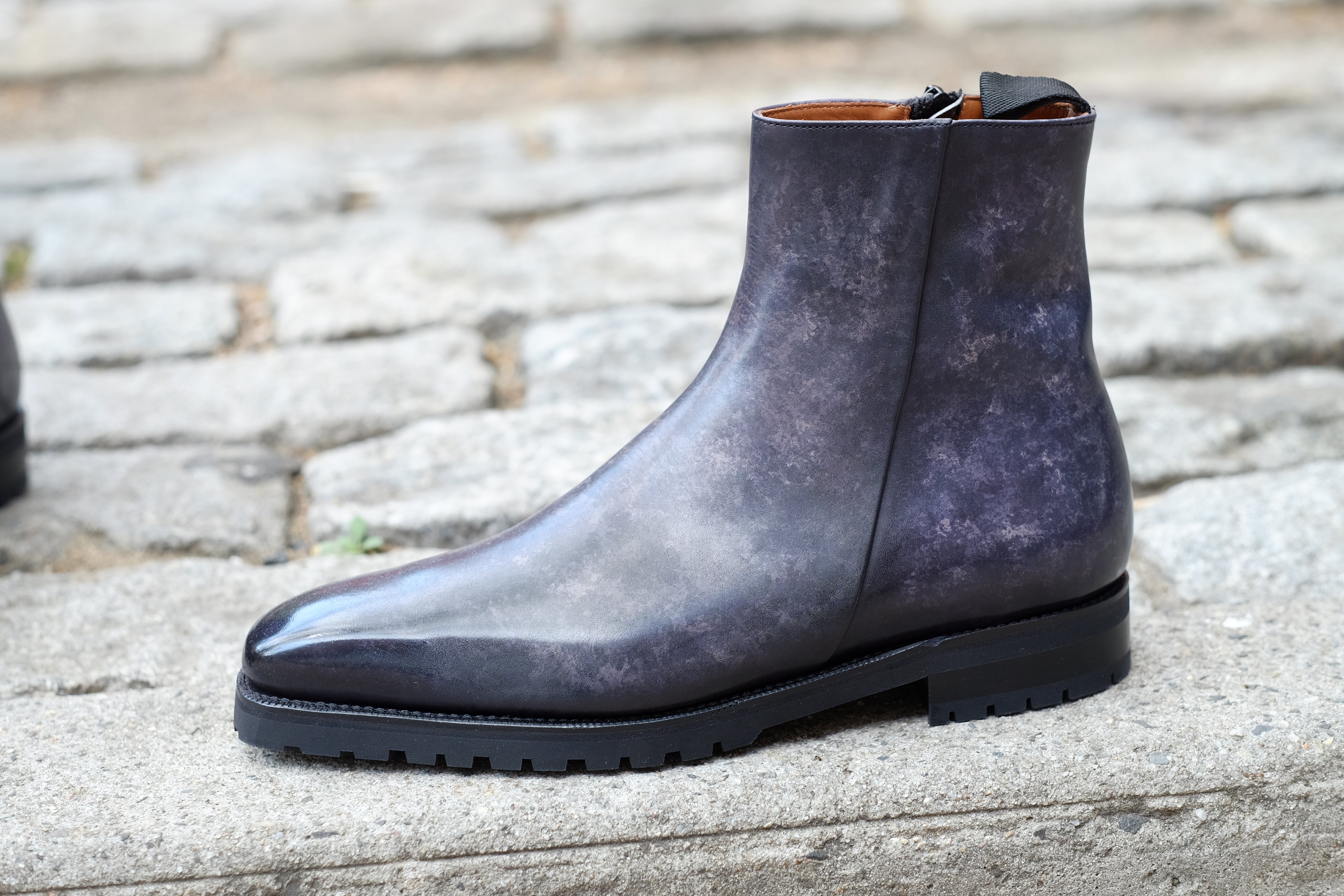 Southcenter - MTO - Black Marble Patina - MGF Last - Commando Sole-Made To Order Zip Zipper Boots-J.FitzPatrick Footwear