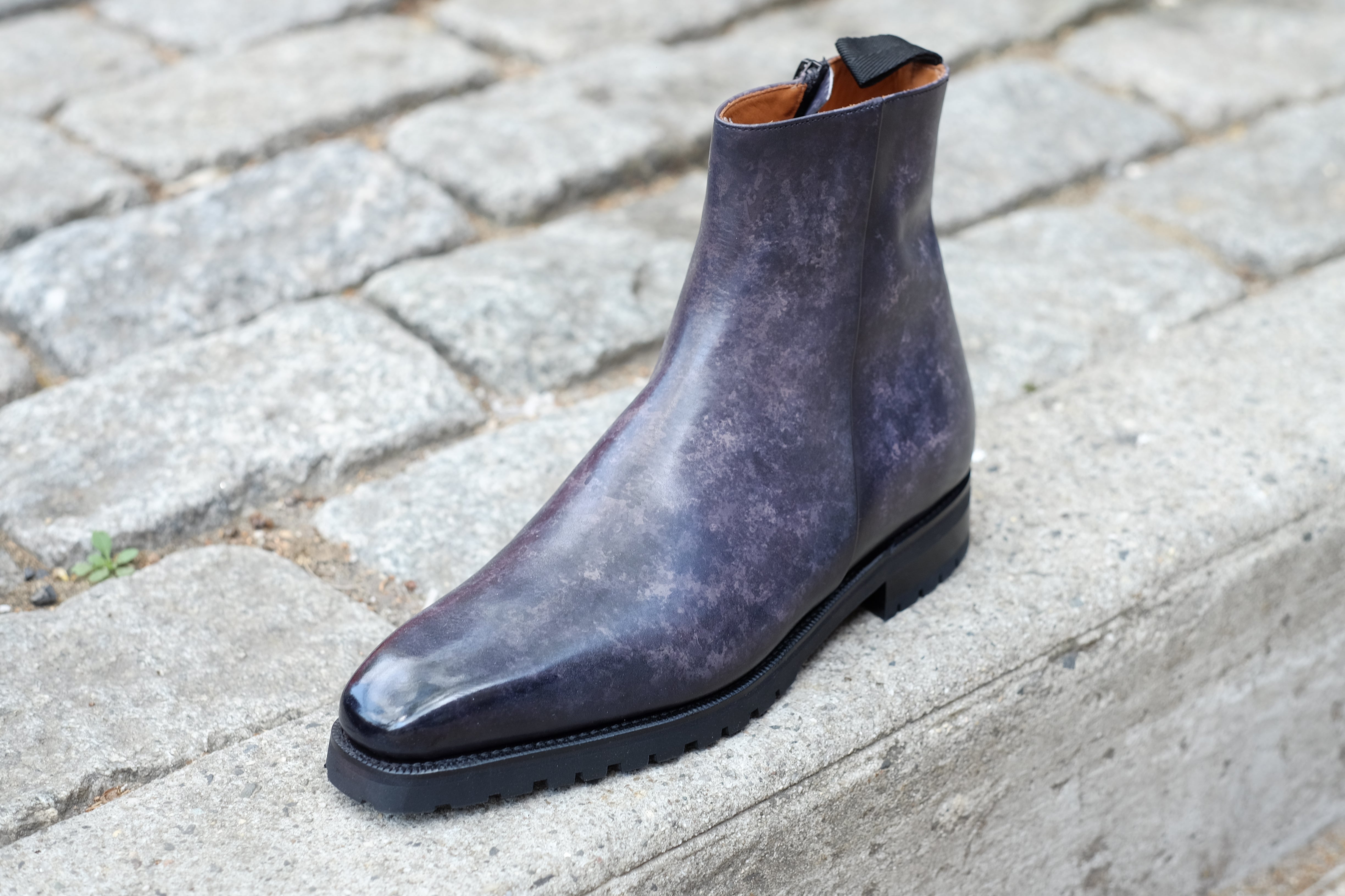 Southcenter - MTO - Black Marble Patina - MGF Last - Commando Sole-Made To Order Zip Zipper Boots-J.FitzPatrick Footwear
