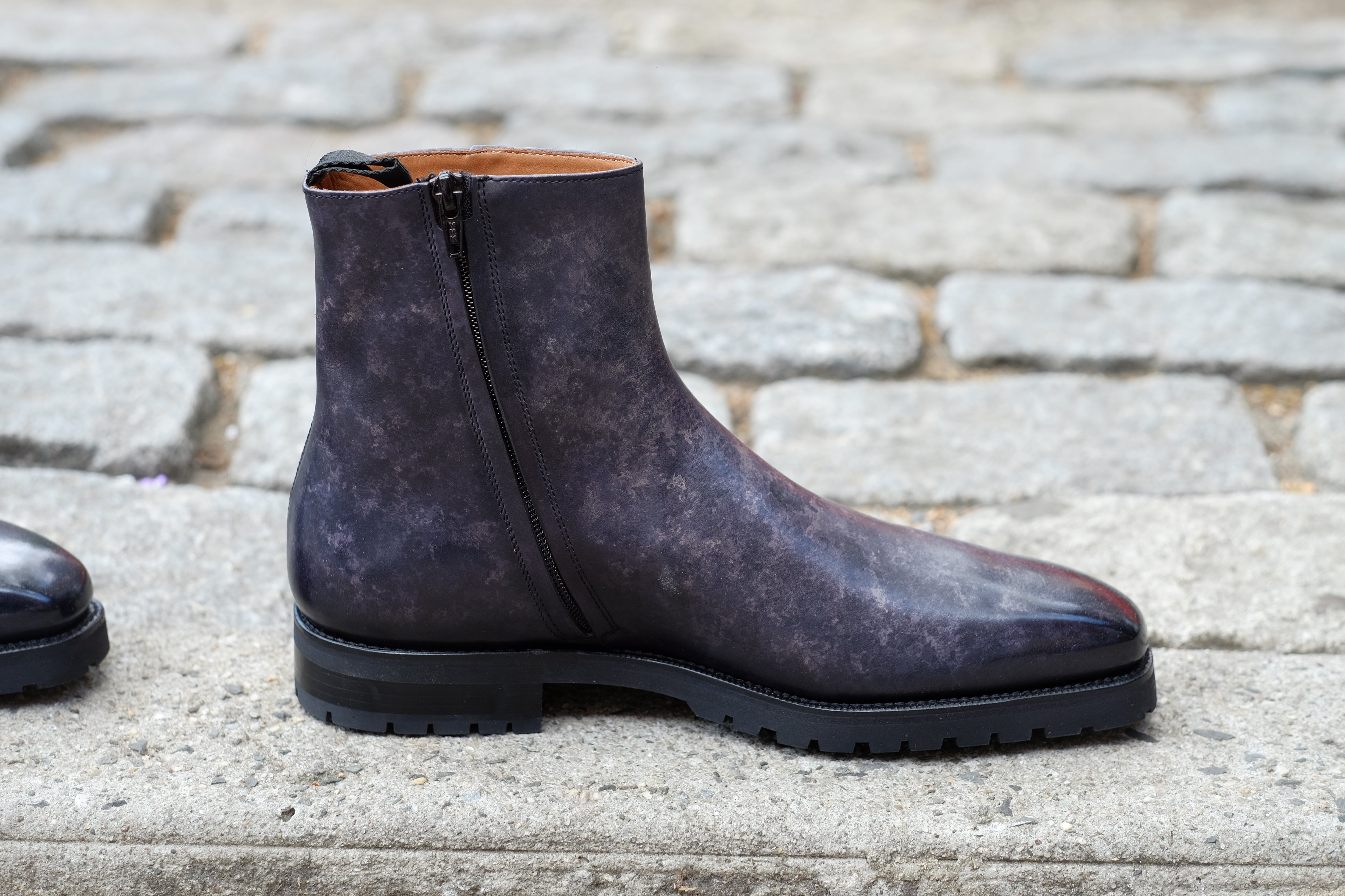 Southcenter - MTO - Black Marble Patina - MGF Last - Commando Sole-Made To Order Zip Zipper Boots-J.FitzPatrick Footwear
