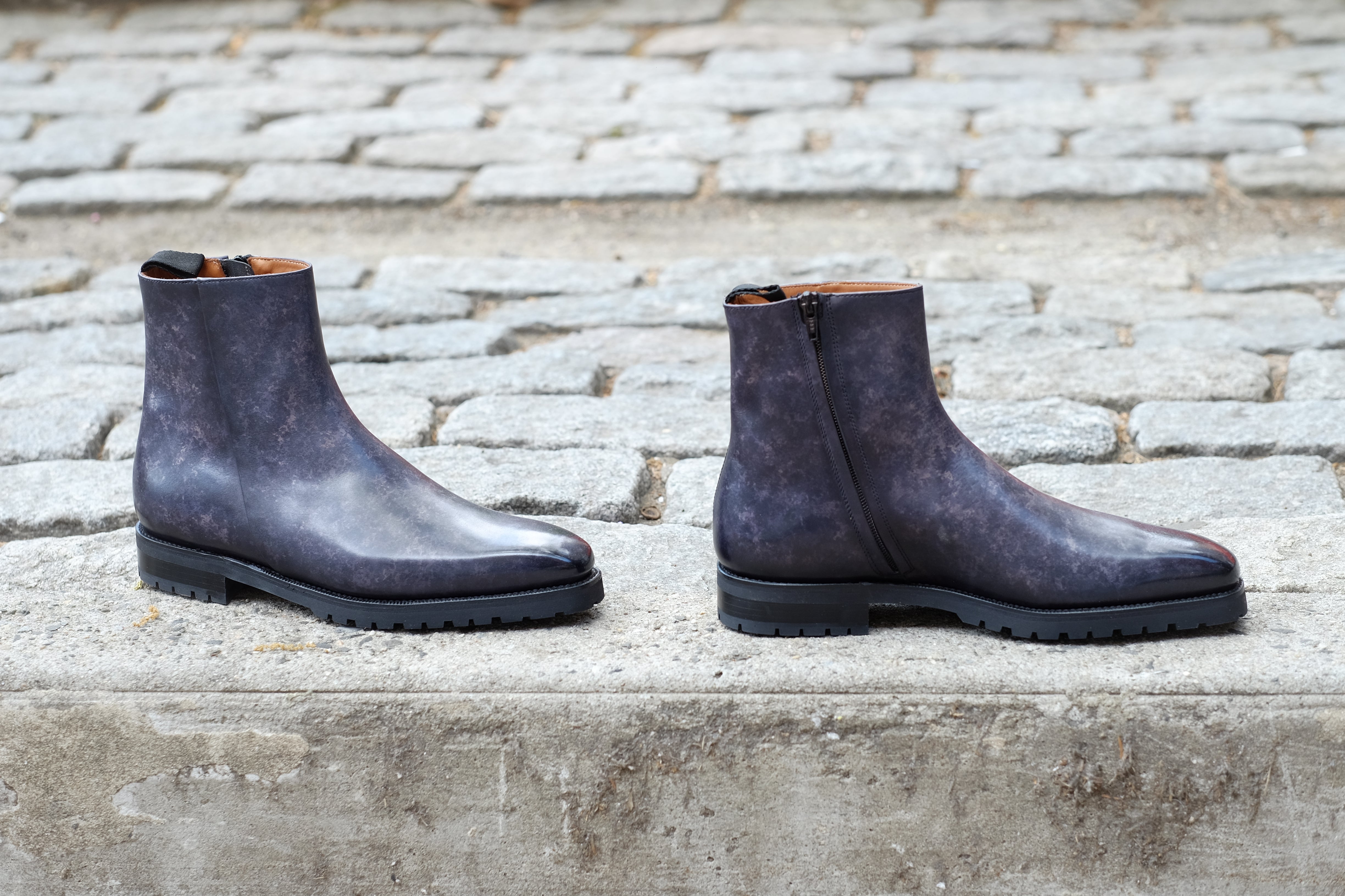 Southcenter - MTO - Black Marble Patina - MGF Last - Commando Sole-Made To Order Zip Zipper Boots-J.FitzPatrick Footwear
