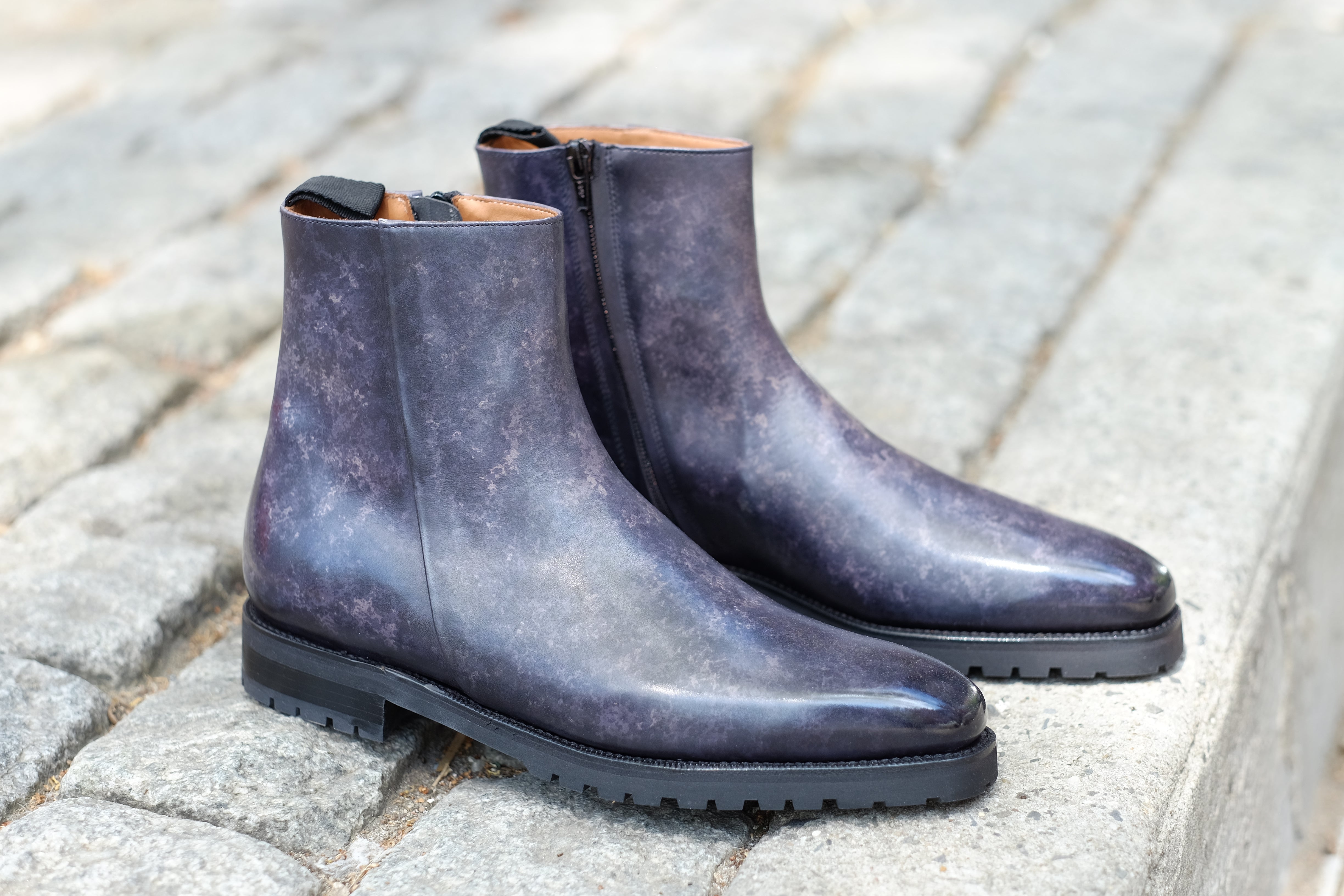 Southcenter - MTO - Black Marble Patina - MGF Last - Commando Sole-Made To Order Zip Zipper Boots-J.FitzPatrick Footwear