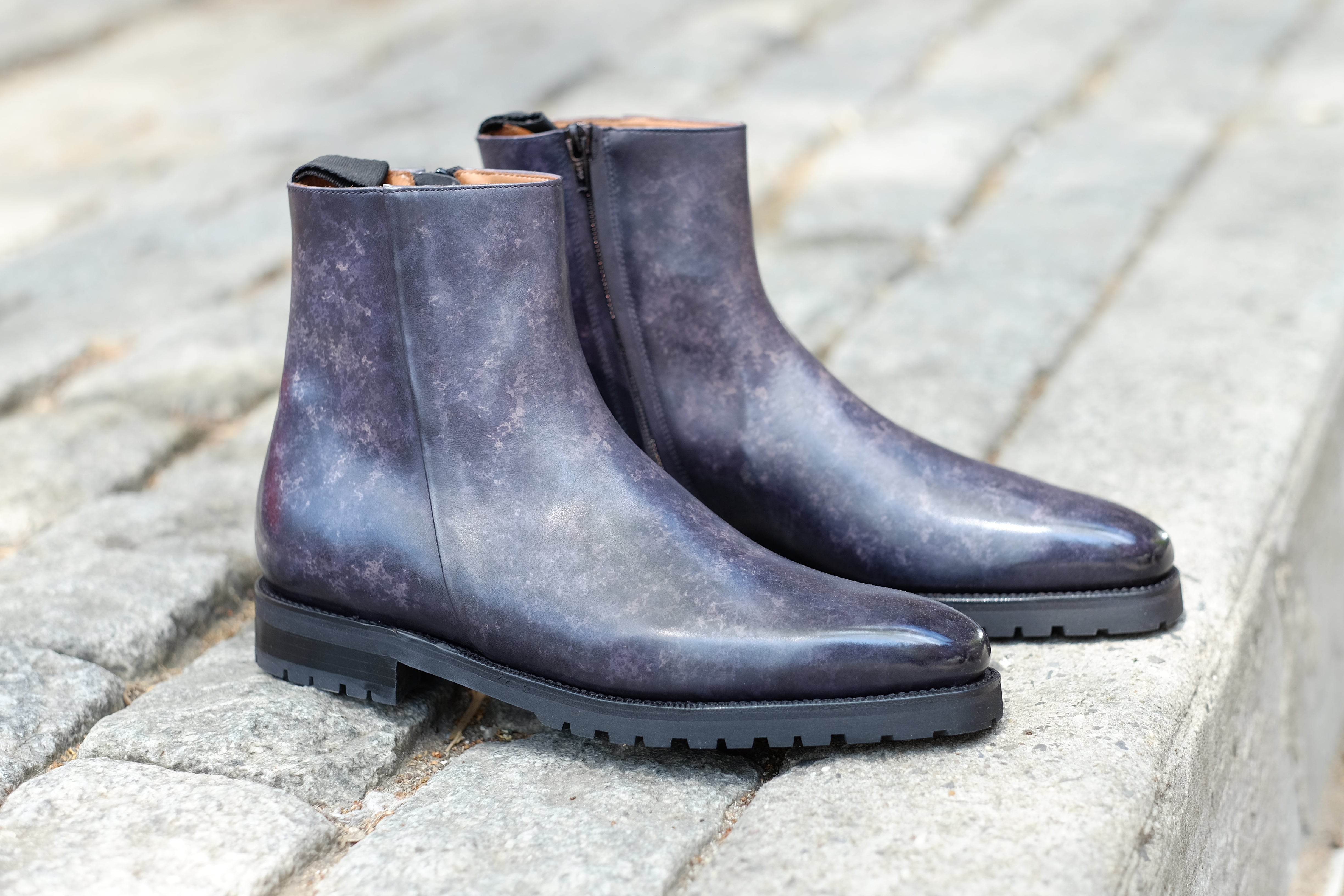 Southcenter - MTO - Black Marble Patina - MGF Last - Commando Sole-Made To Order Zip Zipper Boots-J.FitzPatrick Footwear