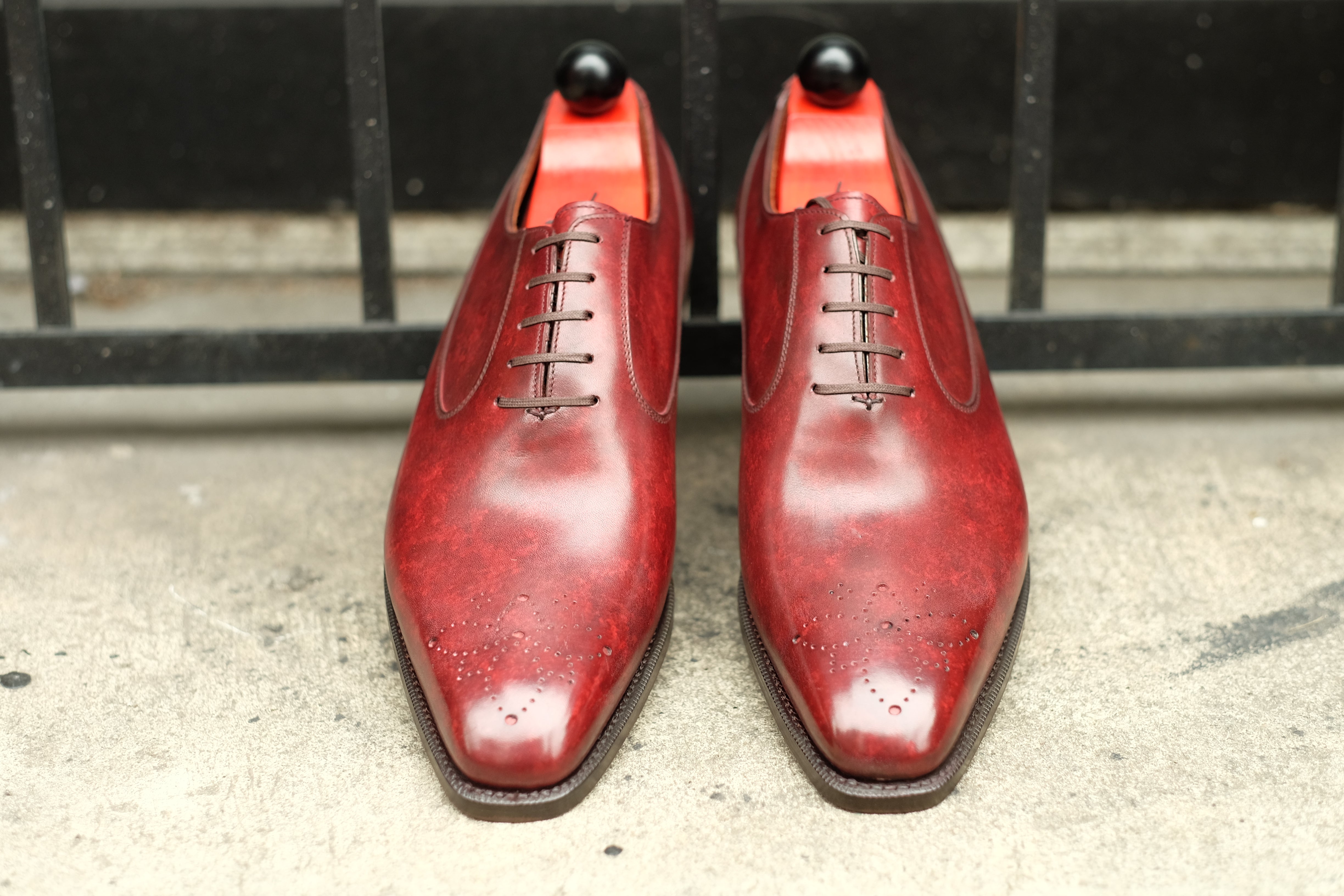 Tacoma - MTO - Burgundy Marble Patina - LPB Last - Single Leather Sole-Made To Order Medallion Swan Neck Oxfords-J.FitzPatrick Footwear