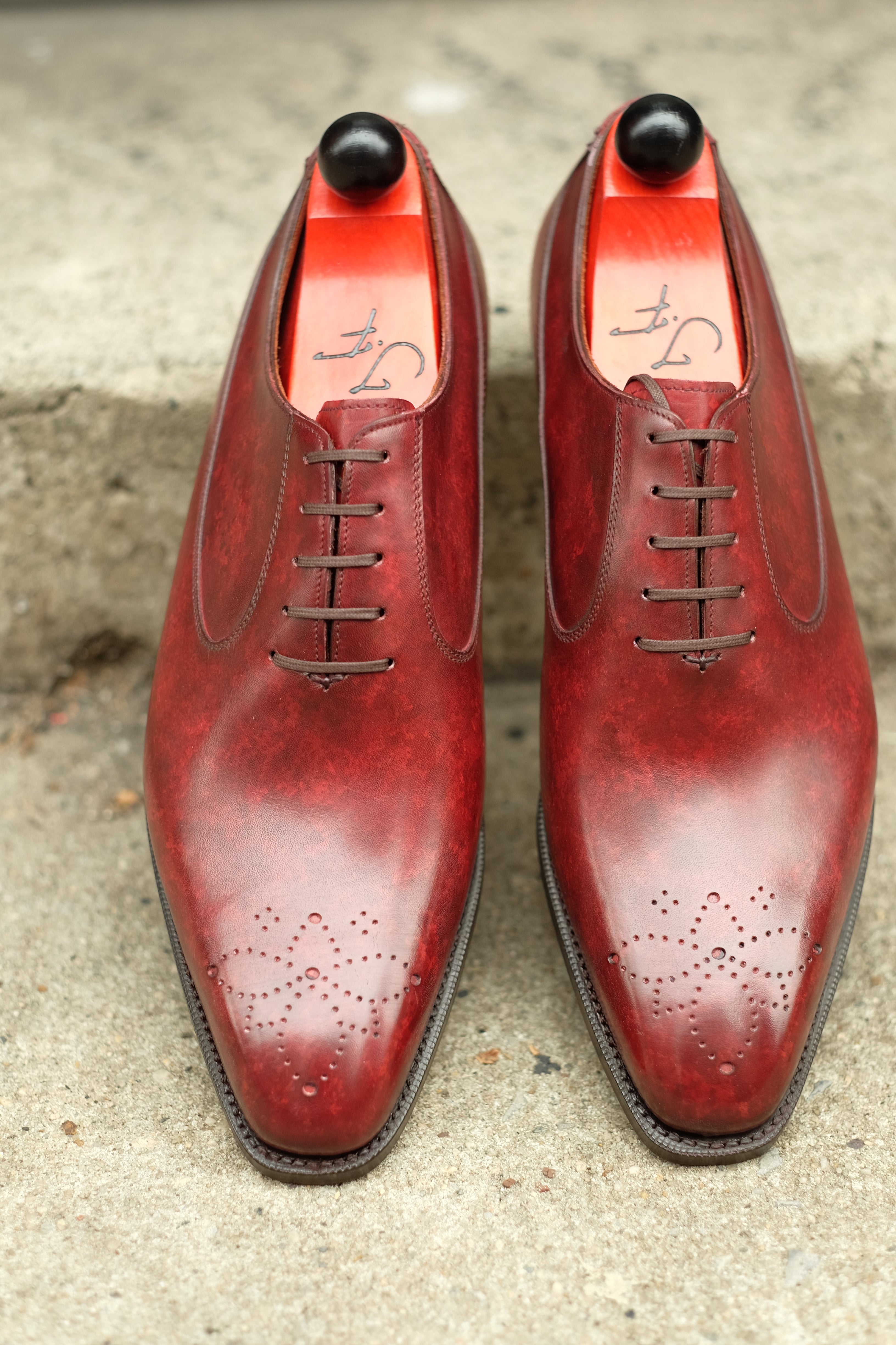 Tacoma - MTO - Burgundy Marble Patina - LPB Last - Single Leather Sole-Made To Order Medallion Swan Neck Oxfords-J.FitzPatrick Footwear