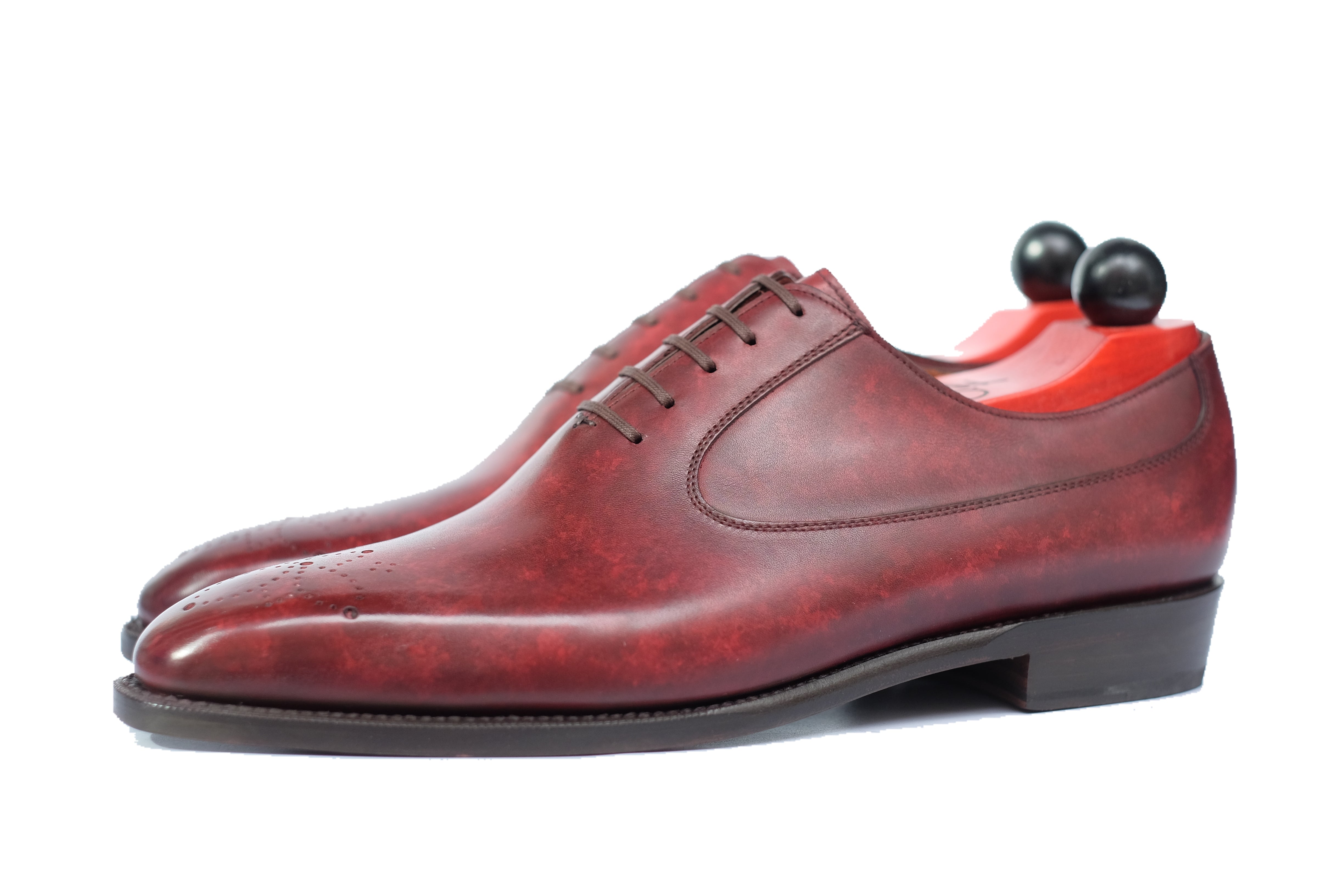Tacoma - MTO - Burgundy Marble Patina - LPB Last - Single Leather Sole-Made To Order Medallion Swan Neck Oxfords-J.FitzPatrick Footwear