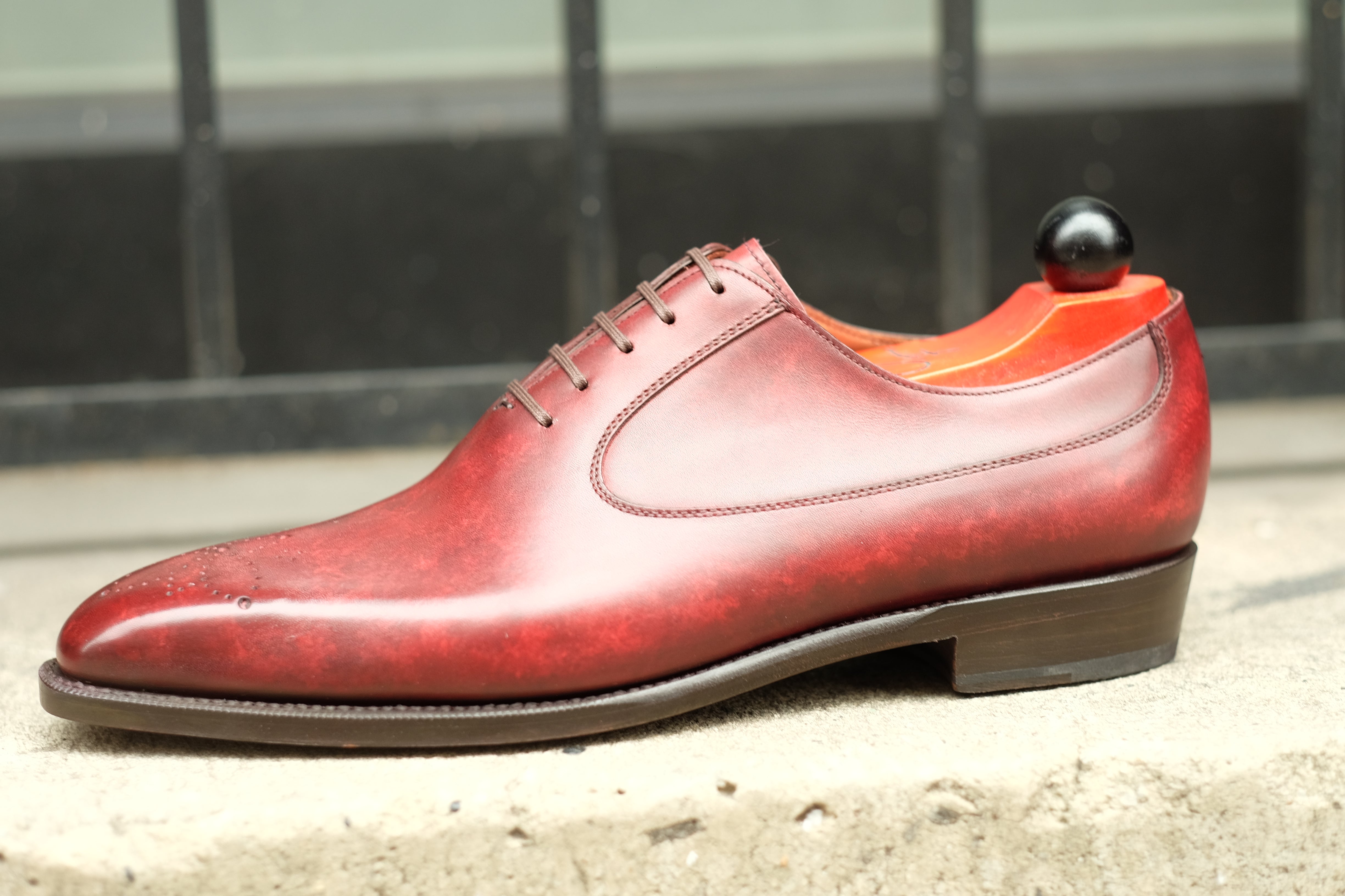 Tacoma - MTO - Burgundy Marble Patina - LPB Last - Single Leather Sole-Made To Order Medallion Swan Neck Oxfords-J.FitzPatrick Footwear