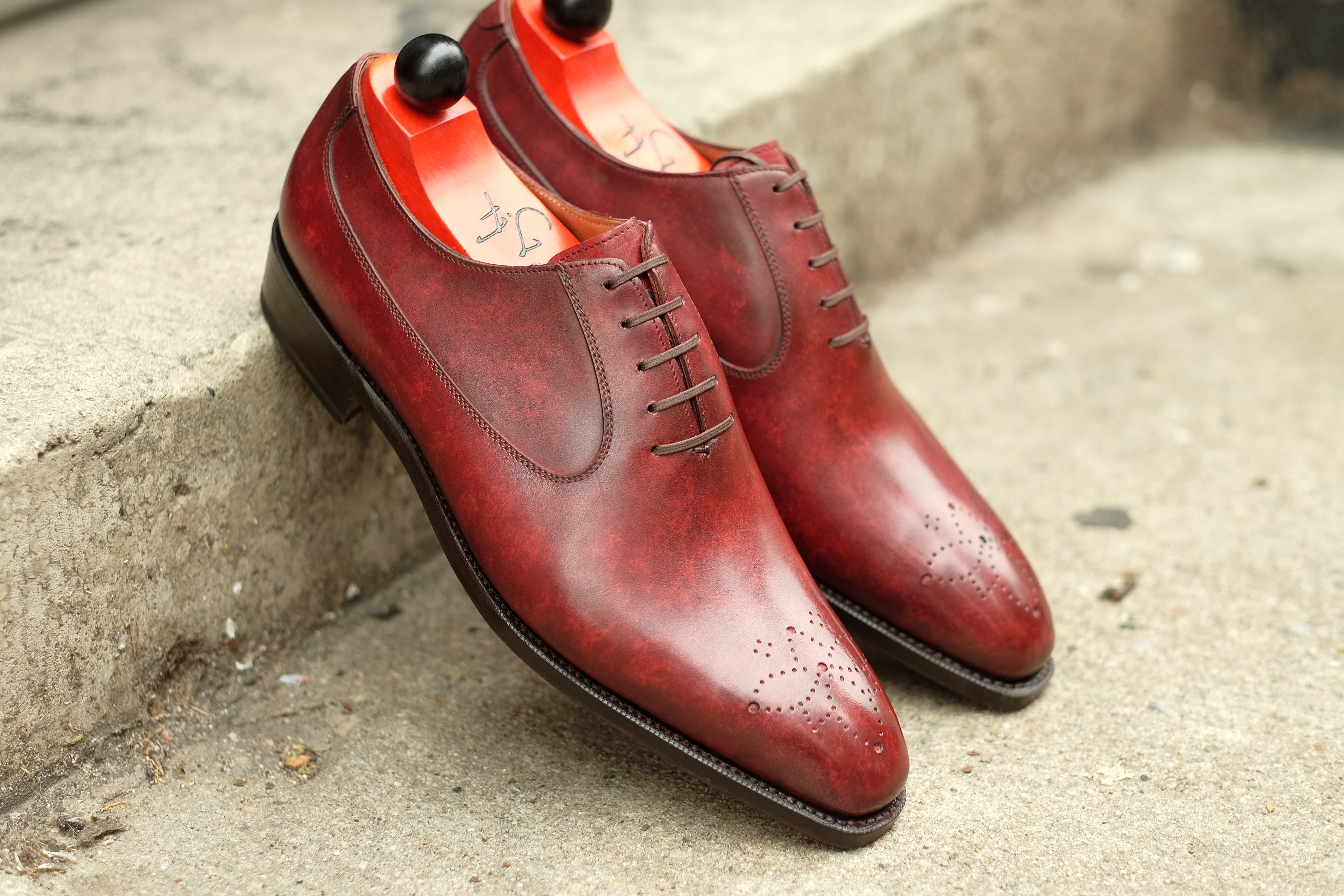 Tacoma - MTO - Burgundy Marble Patina - LPB Last - Single Leather Sole-Made To Order Medallion Swan Neck Oxfords-J.FitzPatrick Footwear