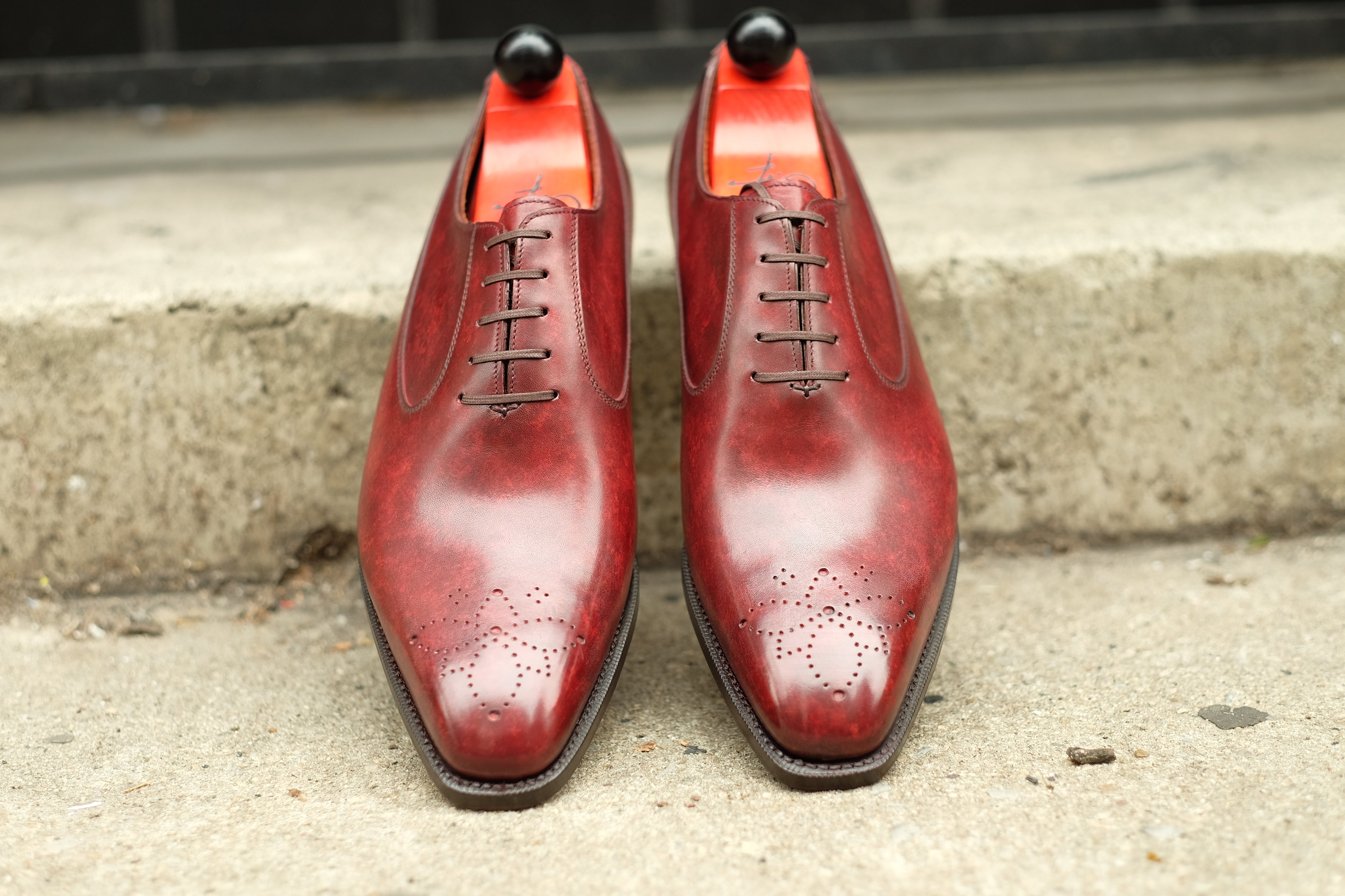 Tacoma - MTO - Burgundy Marble Patina - LPB Last - Single Leather Sole-Made To Order Medallion Swan Neck Oxfords-J.FitzPatrick Footwear