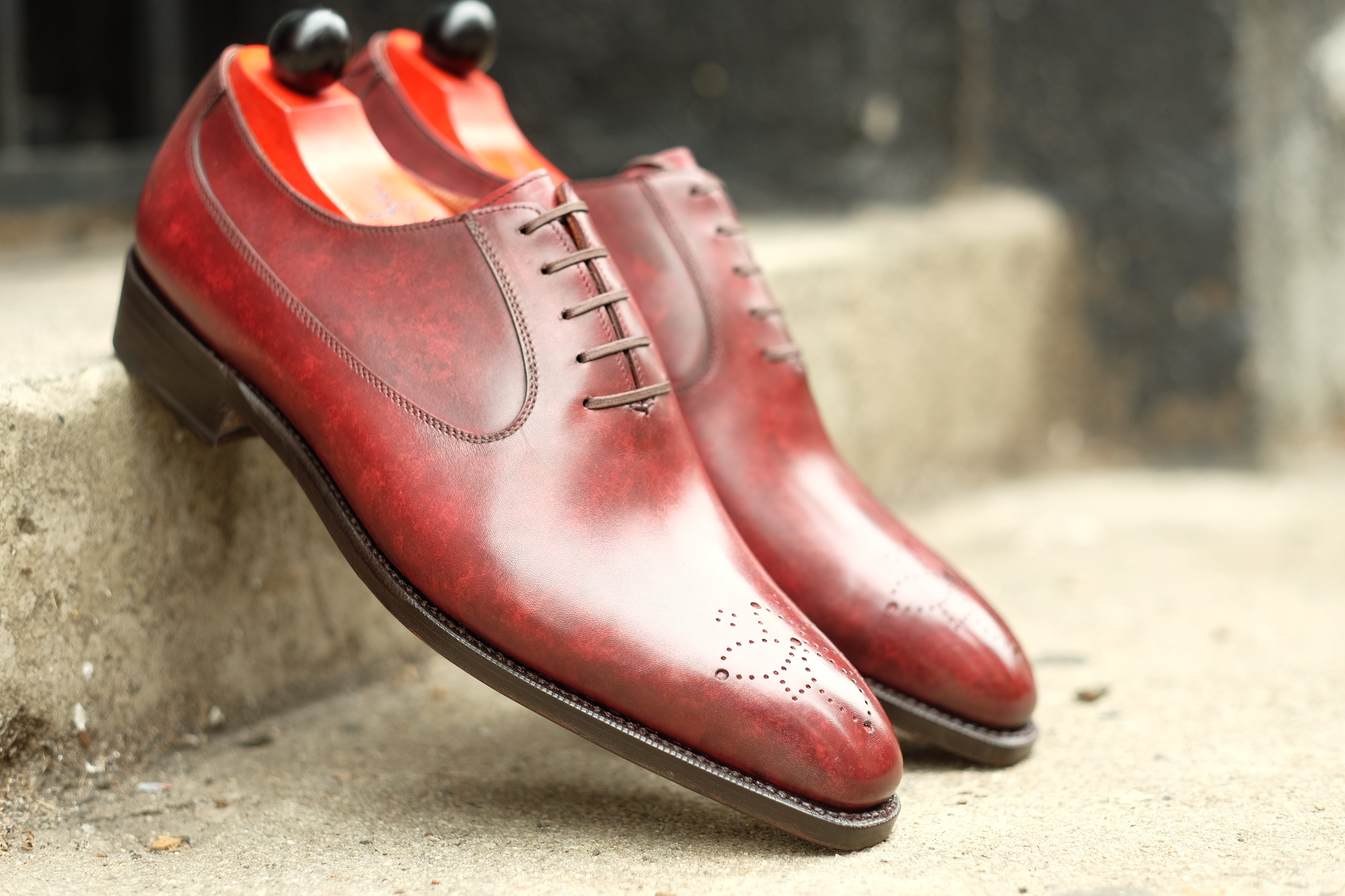 Tacoma - MTO - Burgundy Marble Patina - LPB Last - Single Leather Sole-Made To Order Medallion Swan Neck Oxfords-J.FitzPatrick Footwear