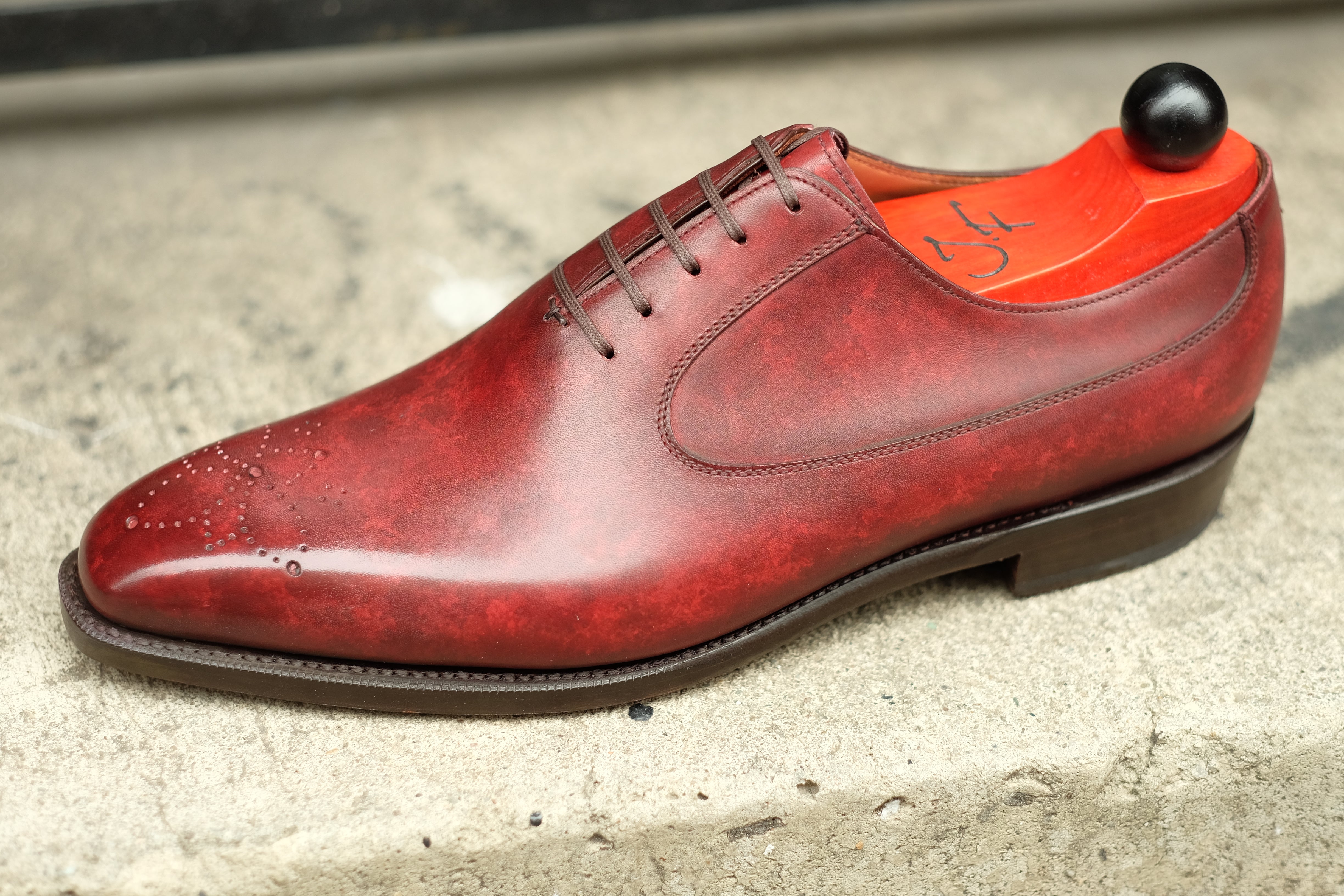 Tacoma - MTO - Burgundy Marble Patina - LPB Last - Single Leather Sole-Made To Order Medallion Swan Neck Oxfords-J.FitzPatrick Footwear