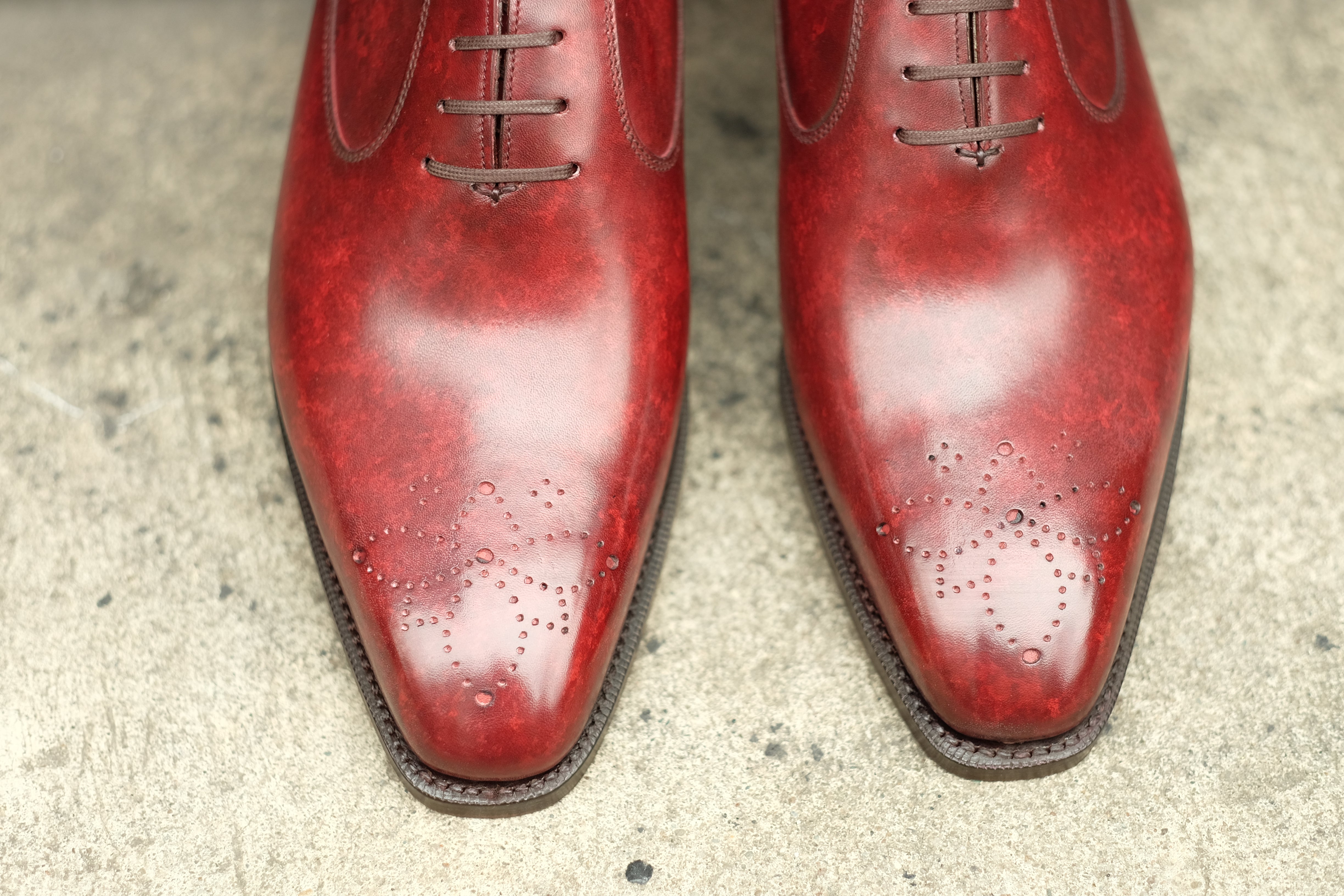 Tacoma - MTO - Burgundy Marble Patina - LPB Last - Single Leather Sole-Made To Order Medallion Swan Neck Oxfords-J.FitzPatrick Footwear