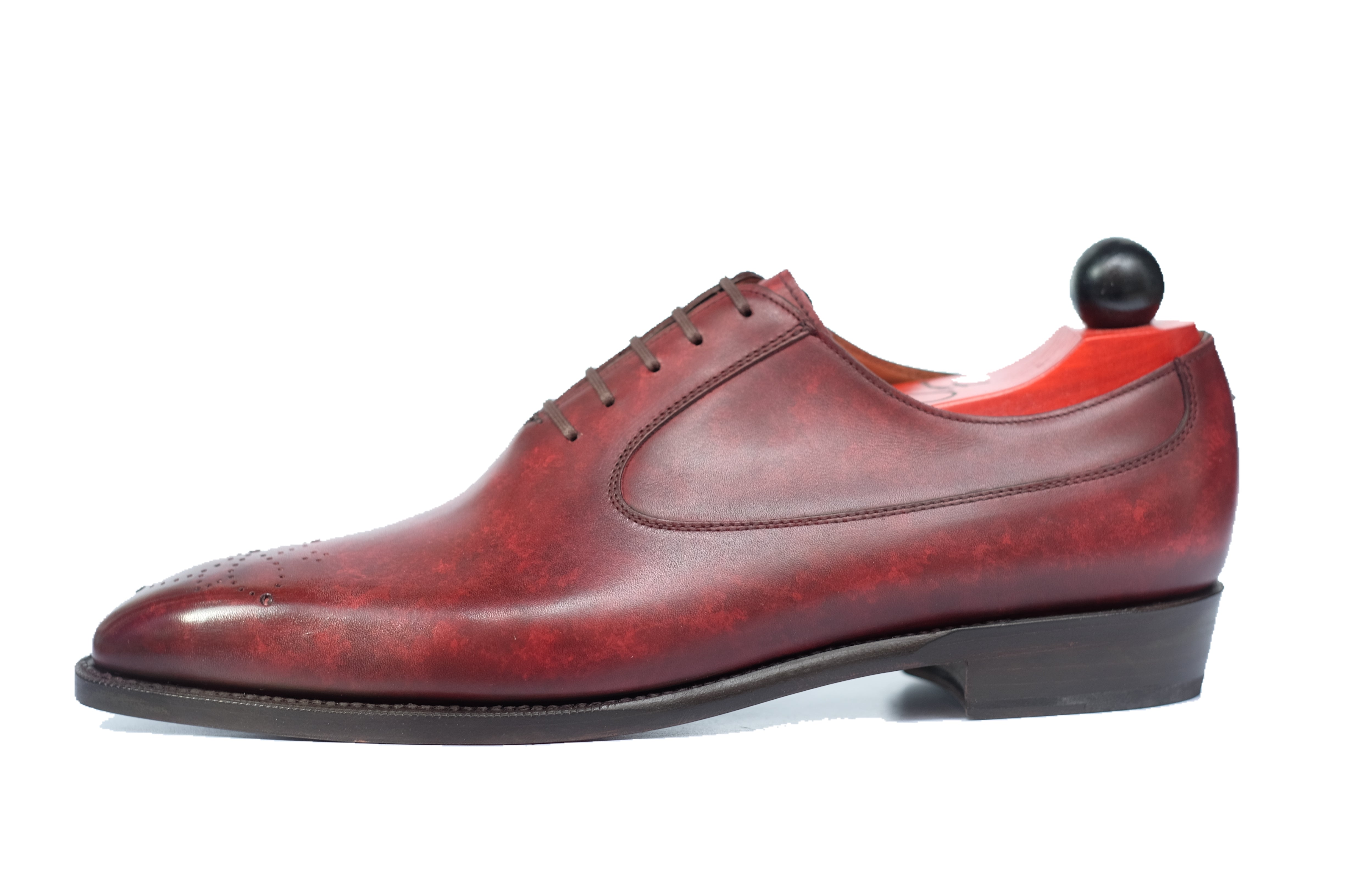 Tacoma - MTO - Burgundy Marble Patina - LPB Last - Single Leather Sole-Made To Order Medallion Swan Neck Oxfords-J.FitzPatrick Footwear