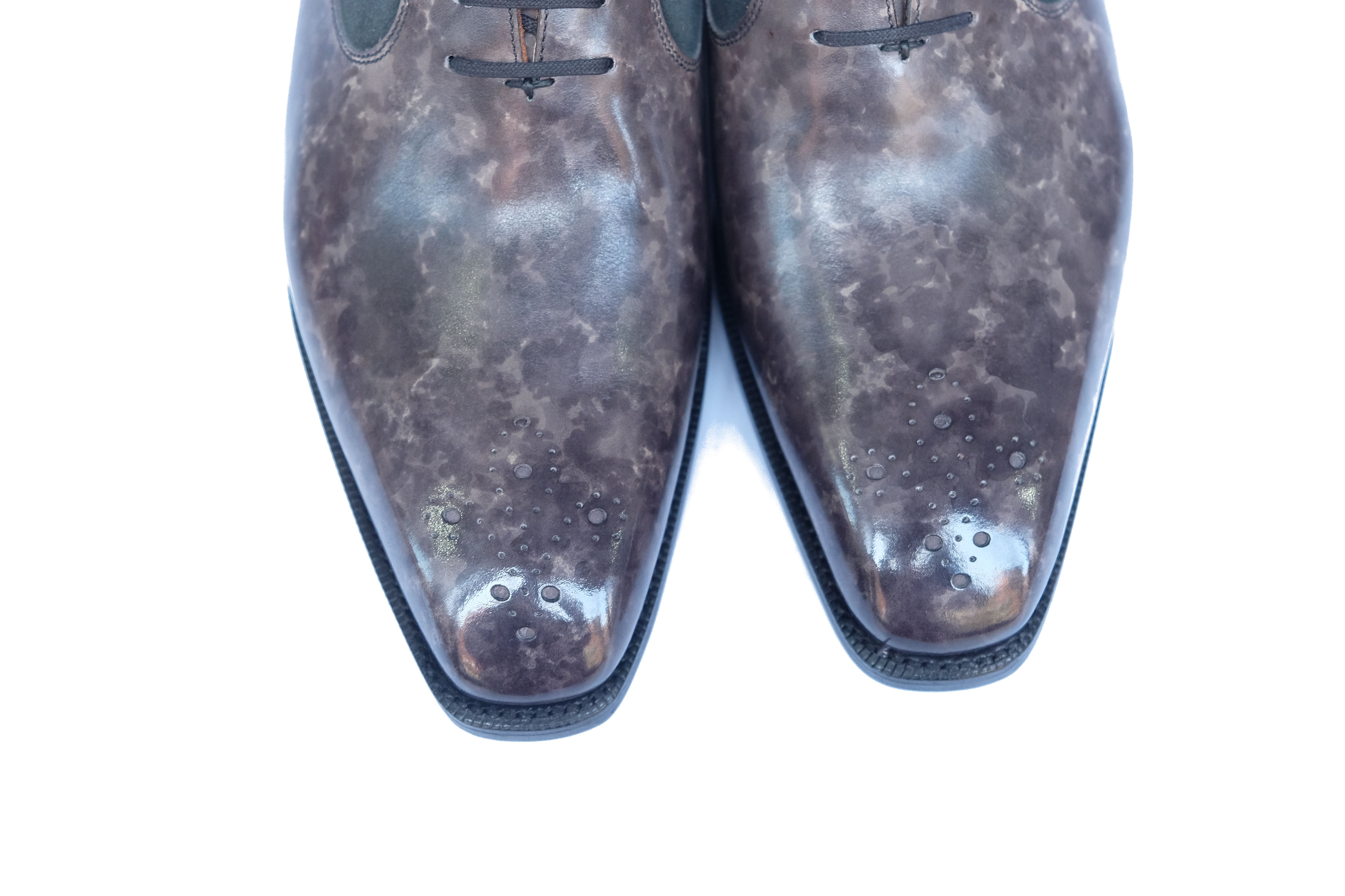 Tacoma - MTO - Grey Marble Patina / Black Suede - MGF Last - Single Leather Sole-Made To Order Medallion Swan Neck Oxfords-J.FitzPatrick Footwear