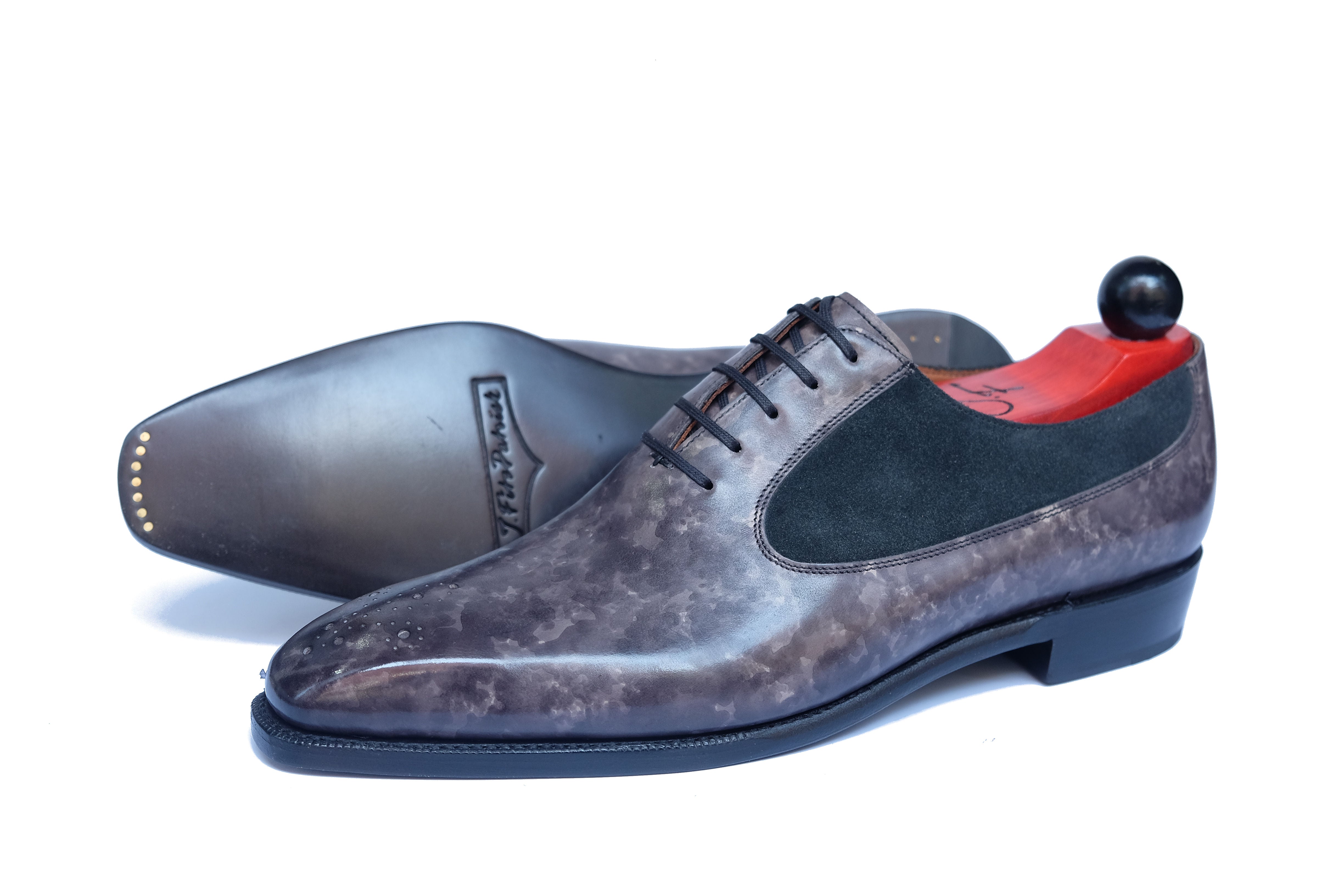 Tacoma - MTO - Grey Marble Patina / Black Suede - MGF Last - Single Leather Sole-Made To Order Medallion Swan Neck Oxfords-J.FitzPatrick Footwear