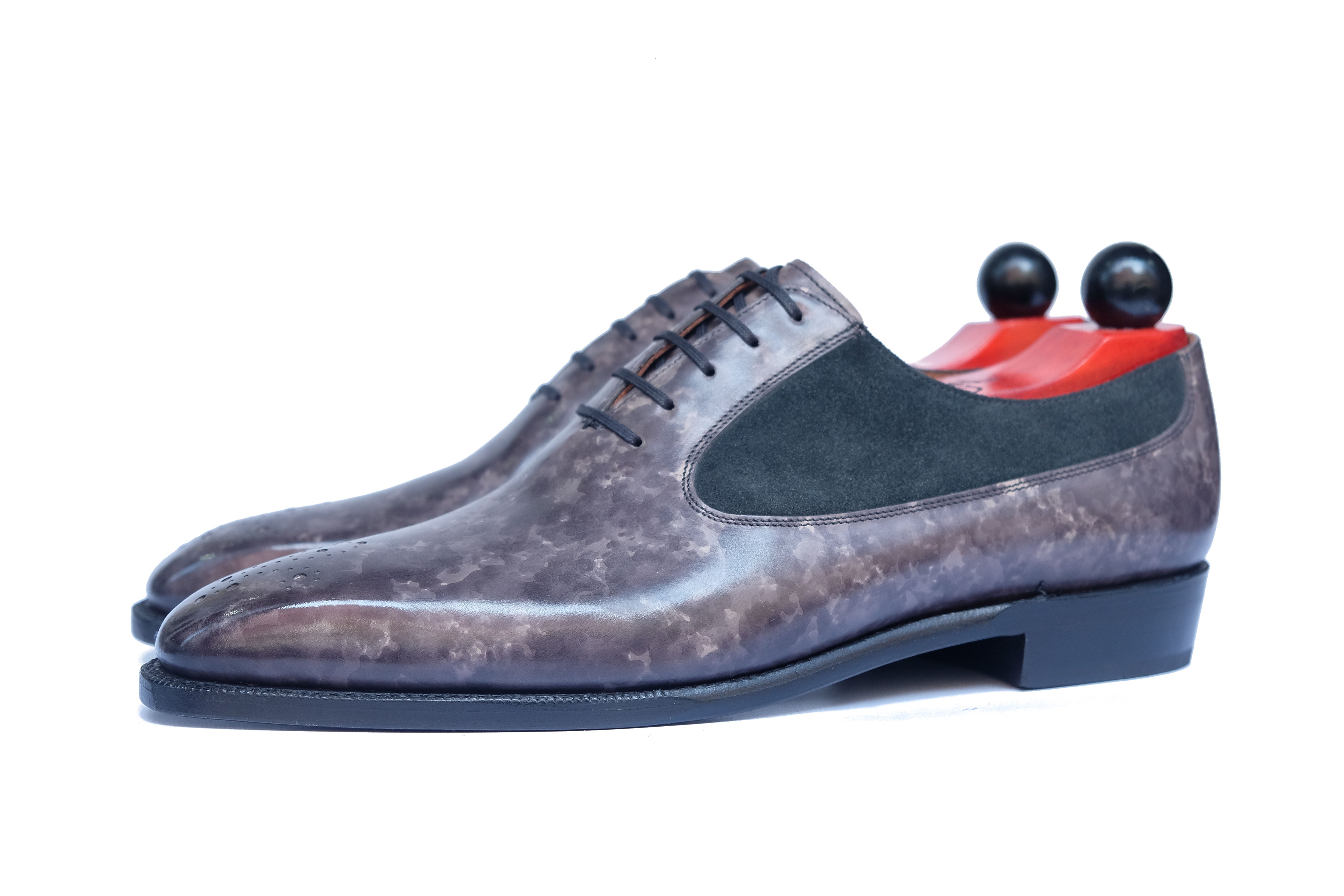 Tacoma - MTO - Grey Marble Patina / Black Suede - MGF Last - Single Leather Sole-Made To Order Medallion Swan Neck Oxfords-J.FitzPatrick Footwear