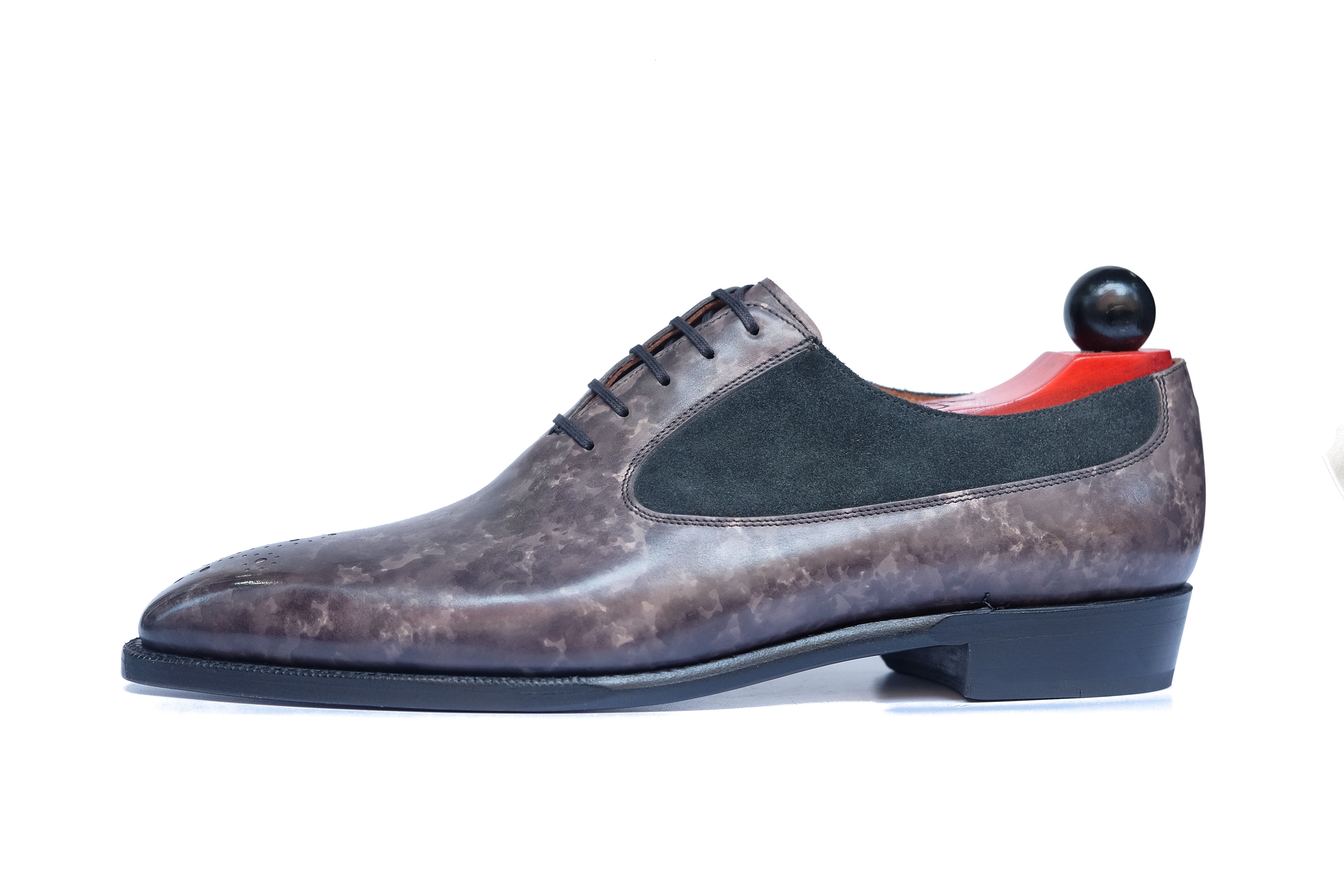 Tacoma - MTO - Grey Marble Patina / Black Suede - MGF Last - Single Leather Sole-Made To Order Medallion Swan Neck Oxfords-J.FitzPatrick Footwear