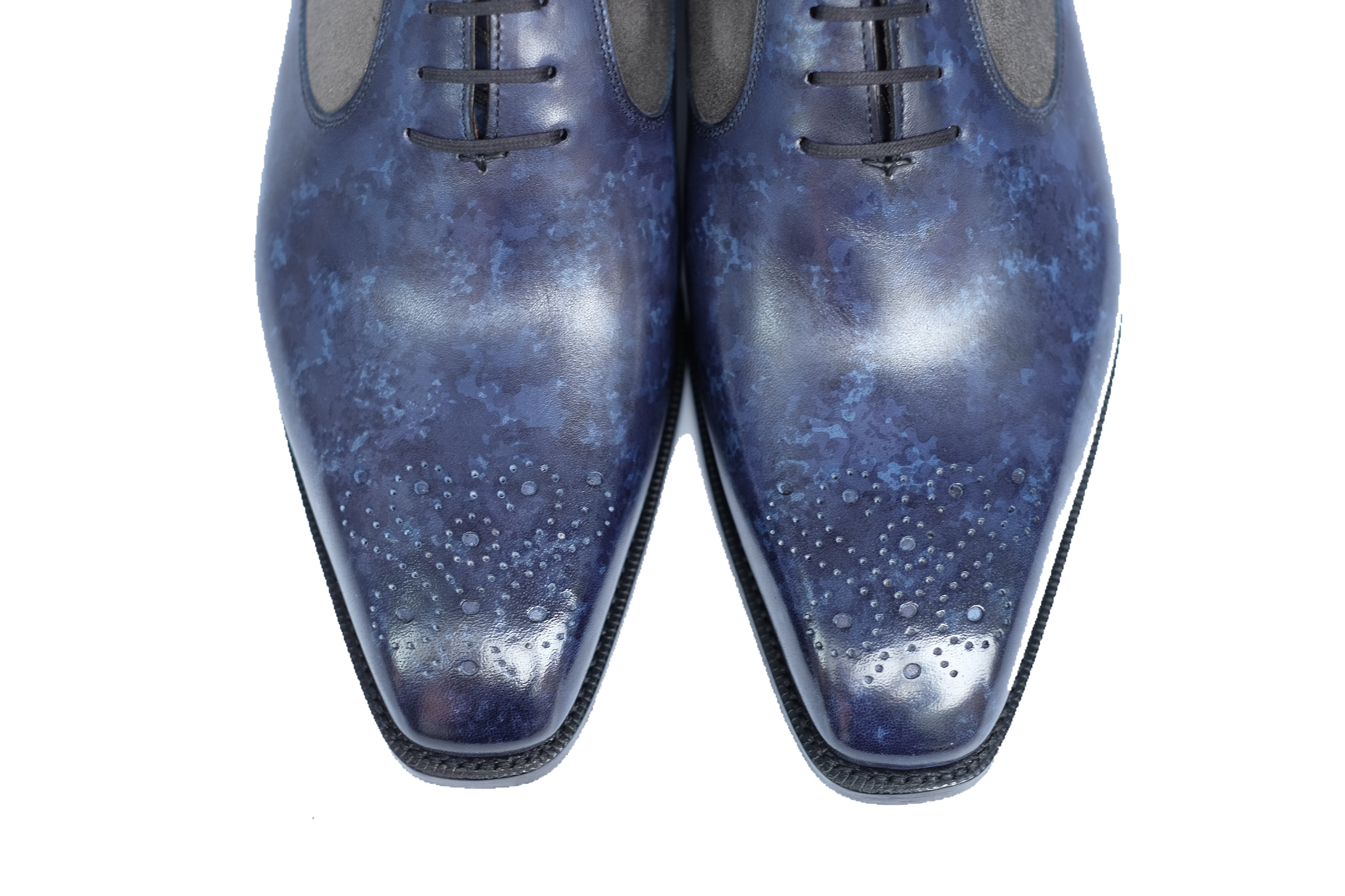Tacoma - MTO - Navy Marble Patina/Mid Grey Suede - LPB Last - Single Leather Sole-Made To Order Medallion Swan Neck Oxfords-J.FitzPatrick Footwear