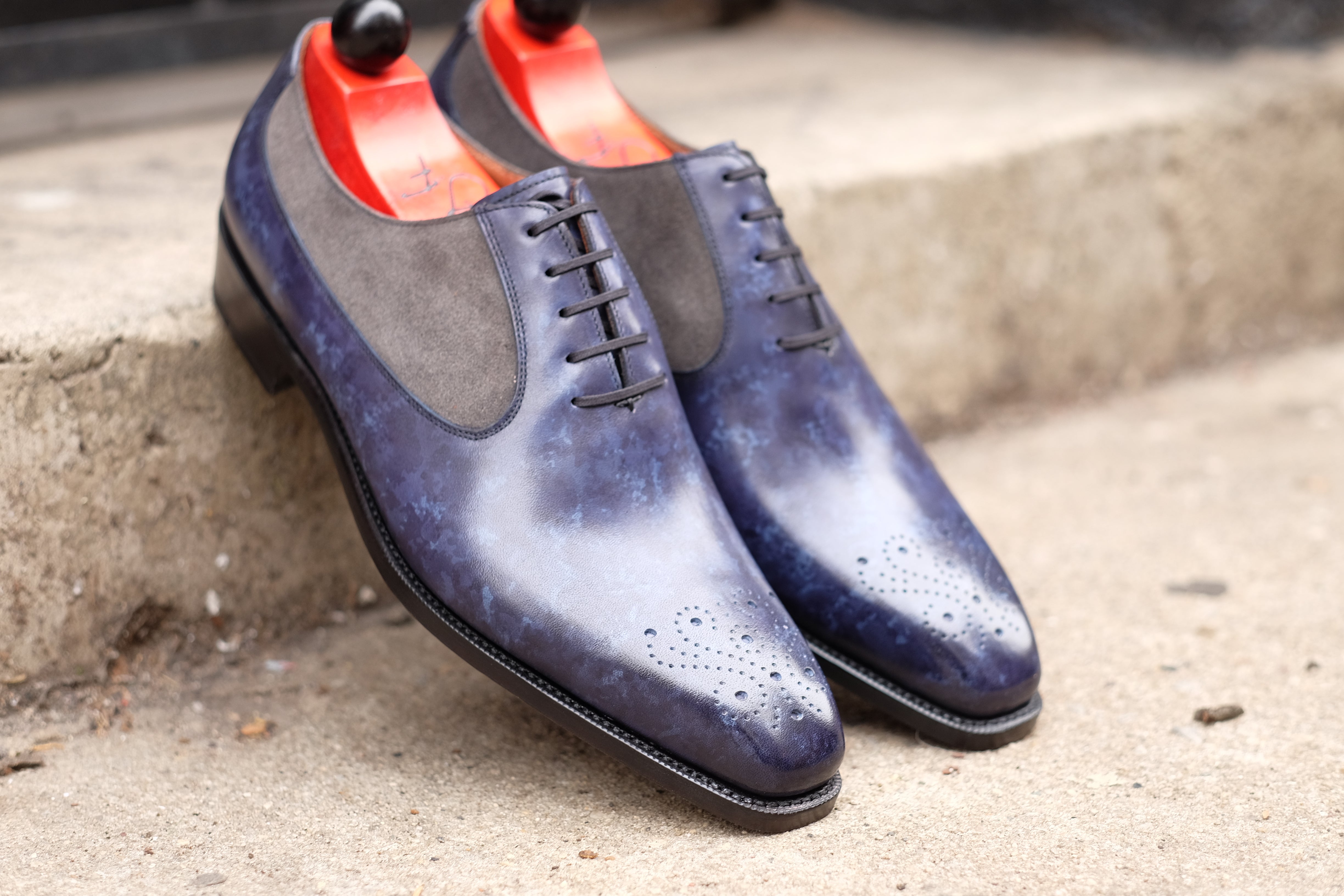 Tacoma - MTO - Navy Marble Patina/Mid Grey Suede - LPB Last - Single Leather Sole-Made To Order Medallion Swan Neck Oxfords-J.FitzPatrick Footwear