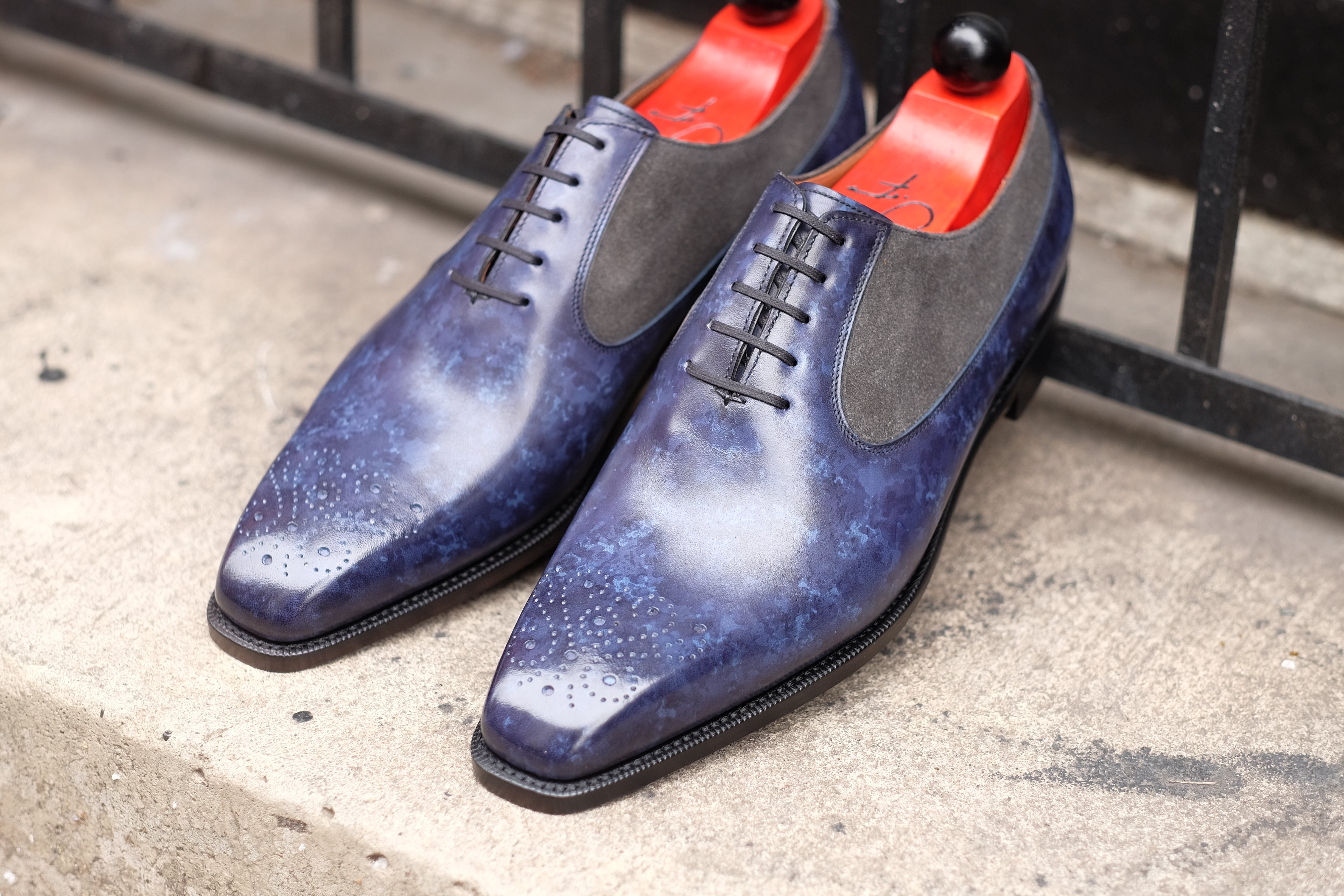 Tacoma - MTO - Navy Marble Patina/Mid Grey Suede - LPB Last - Single Leather Sole-Made To Order Medallion Swan Neck Oxfords-J.FitzPatrick Footwear