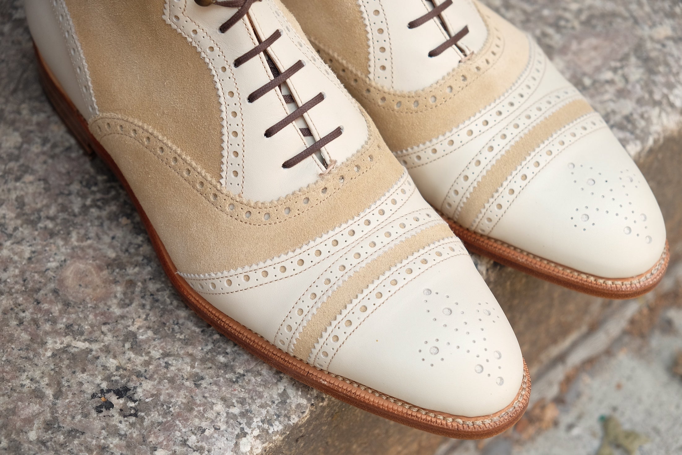 Whitman - MTO - Crust Calf / Light Cream Suede - NGT last - Single Leather Sole - Fleur De Lys Medallion-Made To Order Cap Toe Tarsal Brogue Boot-J.FitzPatrick Footwear