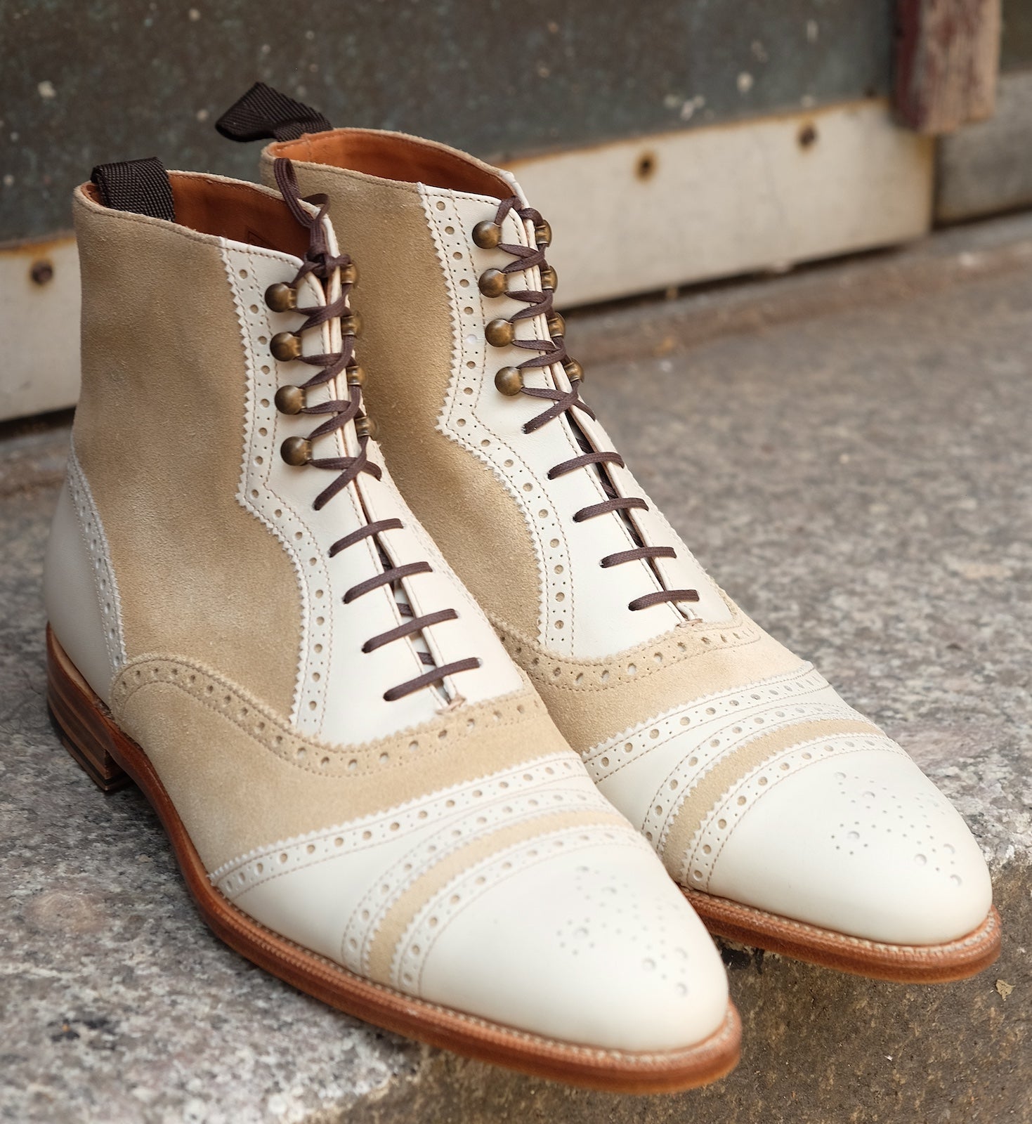 Whitman - MTO - Crust Calf / Light Cream Suede - NGT last - Single Leather Sole - Fleur De Lys Medallion-Made To Order Cap Toe Tarsal Brogue Boot-J.FitzPatrick Footwear