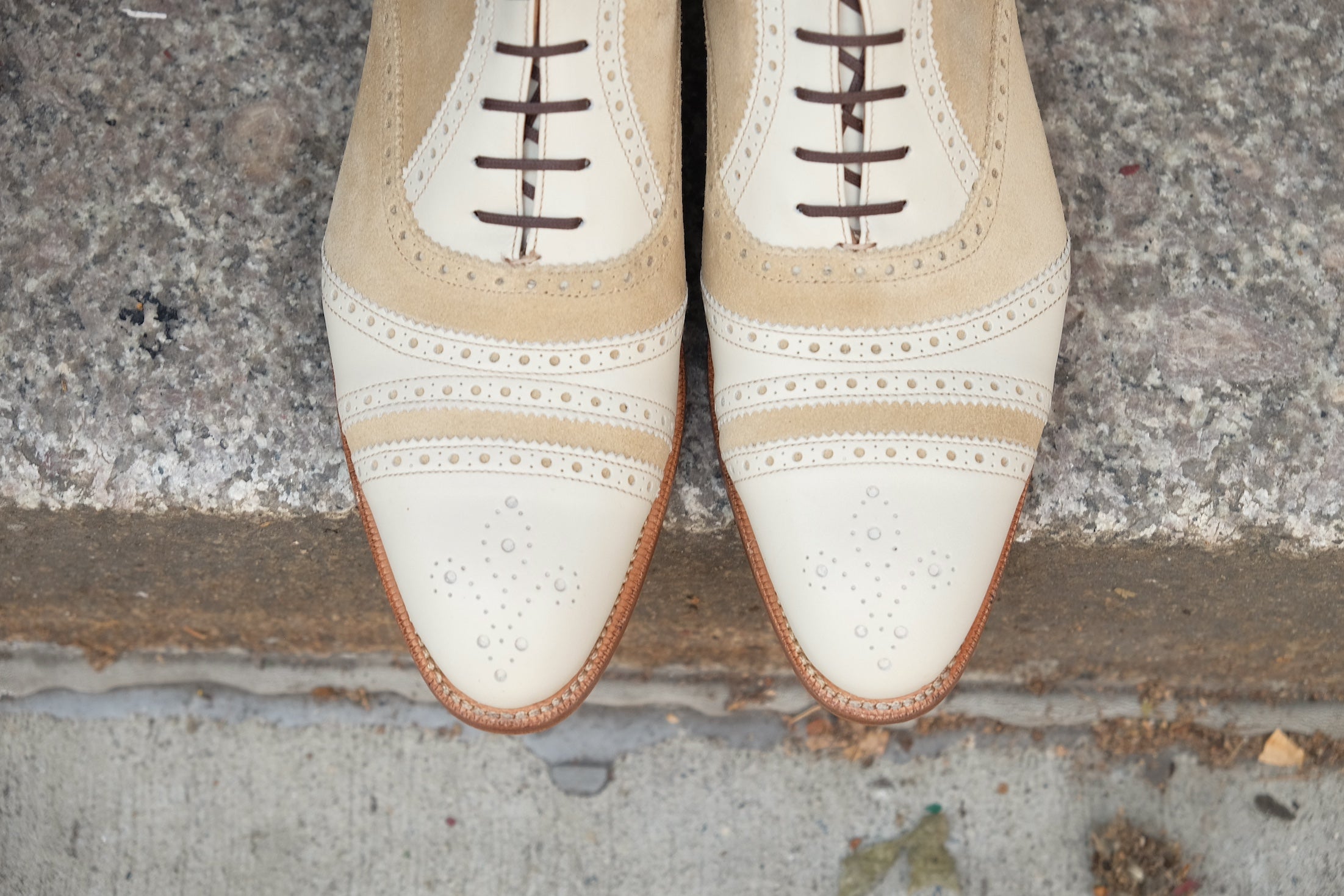 Whitman - MTO - Crust Calf / Light Cream Suede - NGT last - Single Leather Sole - Fleur De Lys Medallion-Made To Order Cap Toe Tarsal Brogue Boot-J.FitzPatrick Footwear