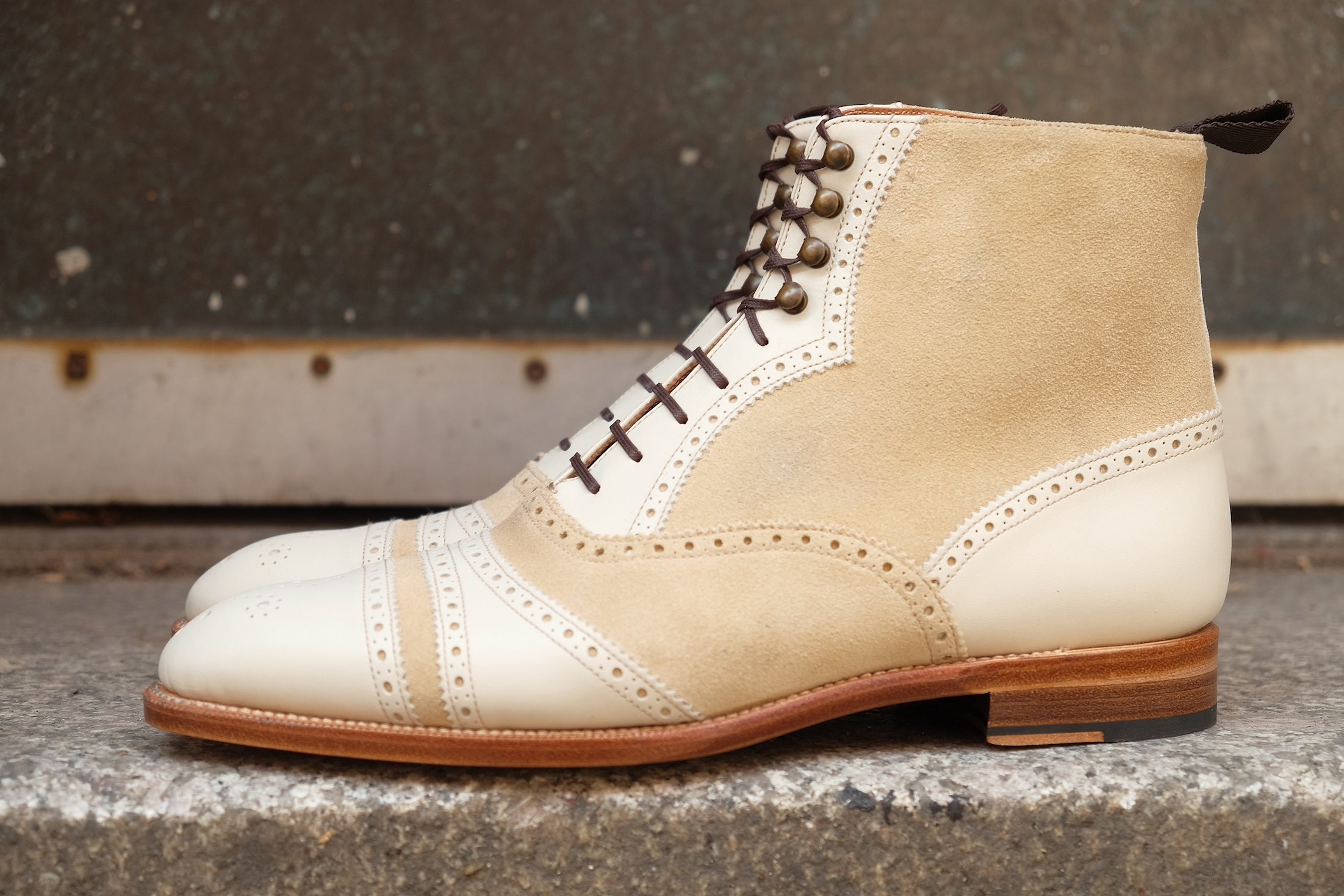 Whitman - MTO - Crust Calf / Light Cream Suede - NGT last - Single Leather Sole - Fleur De Lys Medallion-Made To Order Cap Toe Tarsal Brogue Boot-J.FitzPatrick Footwear
