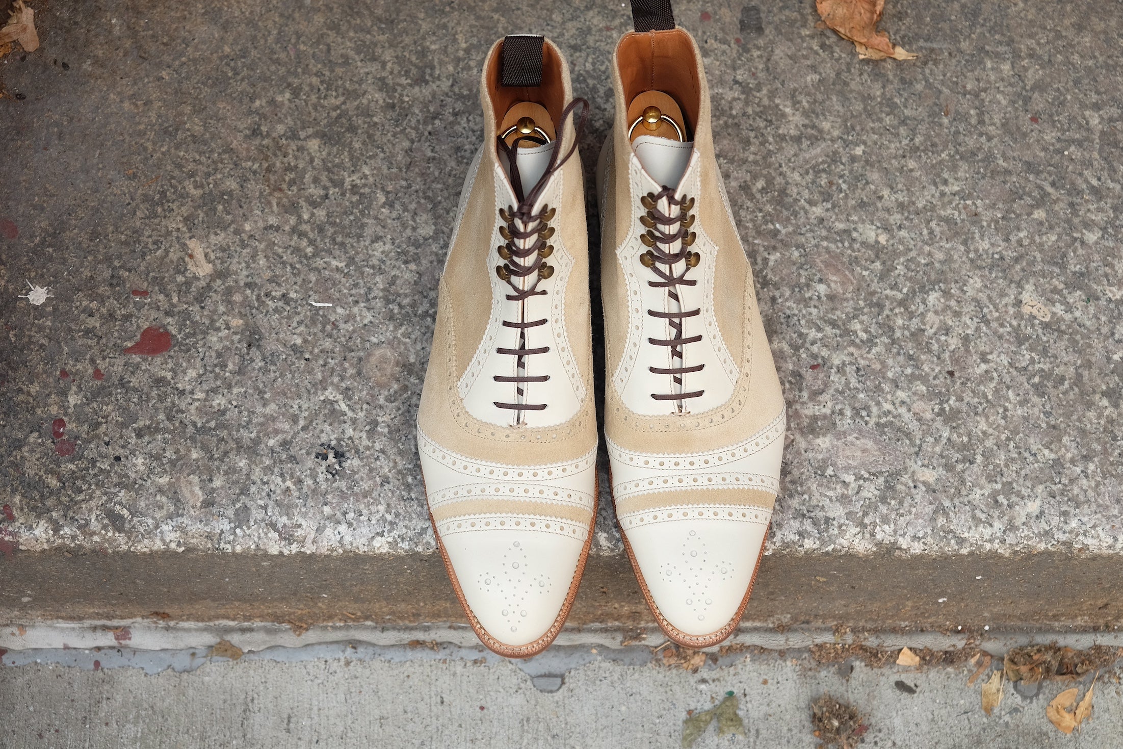 Whitman - MTO - Crust Calf / Light Cream Suede - NGT last - Single Leather Sole - Fleur De Lys Medallion-Made To Order Cap Toe Tarsal Brogue Boot-J.FitzPatrick Footwear