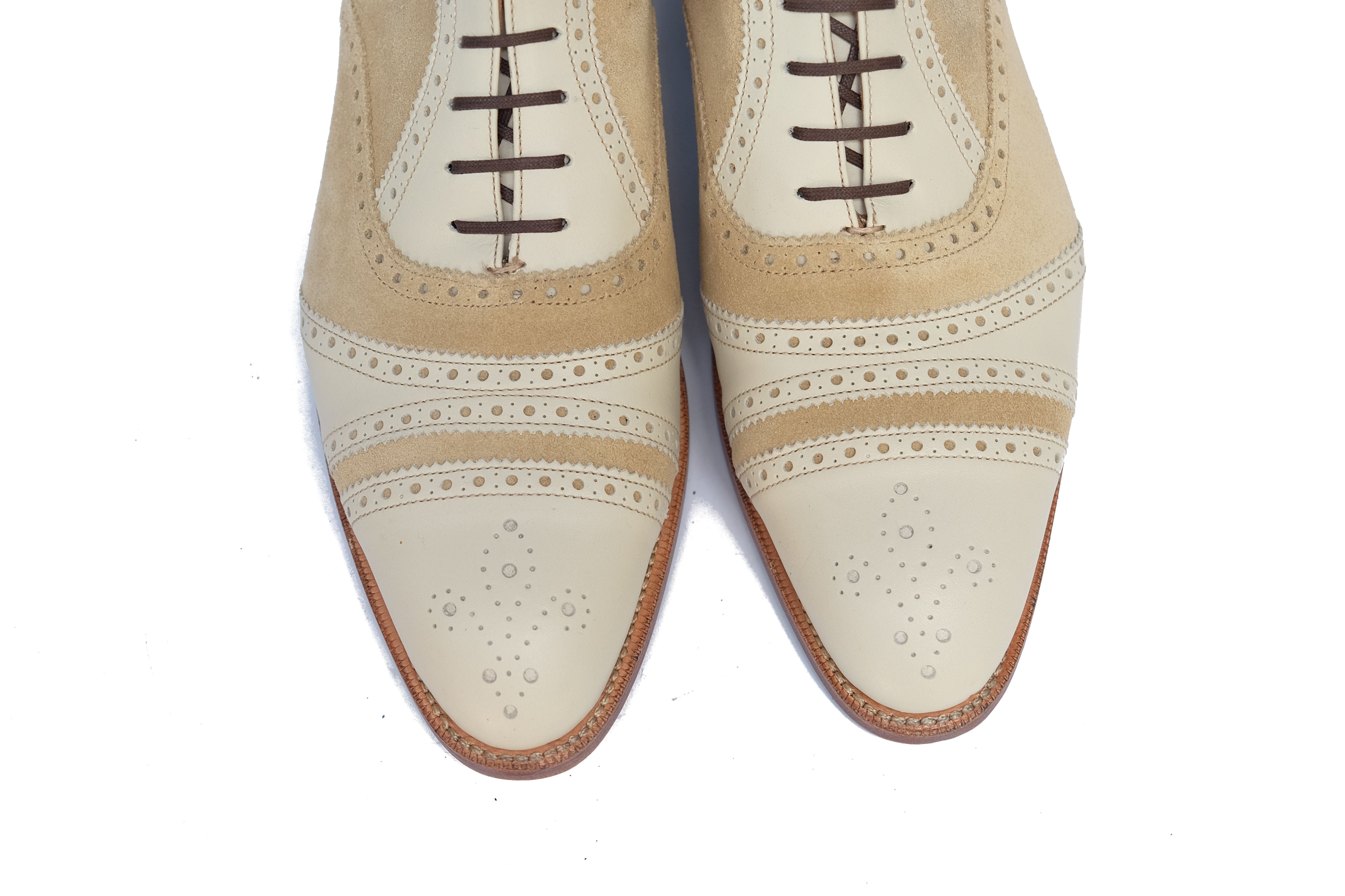 Whitman - MTO - Crust Calf / Light Cream Suede - NGT last - Single Leather Sole - Fleur De Lys Medallion-Made To Order Cap Toe Tarsal Brogue Boot-J.FitzPatrick Footwear