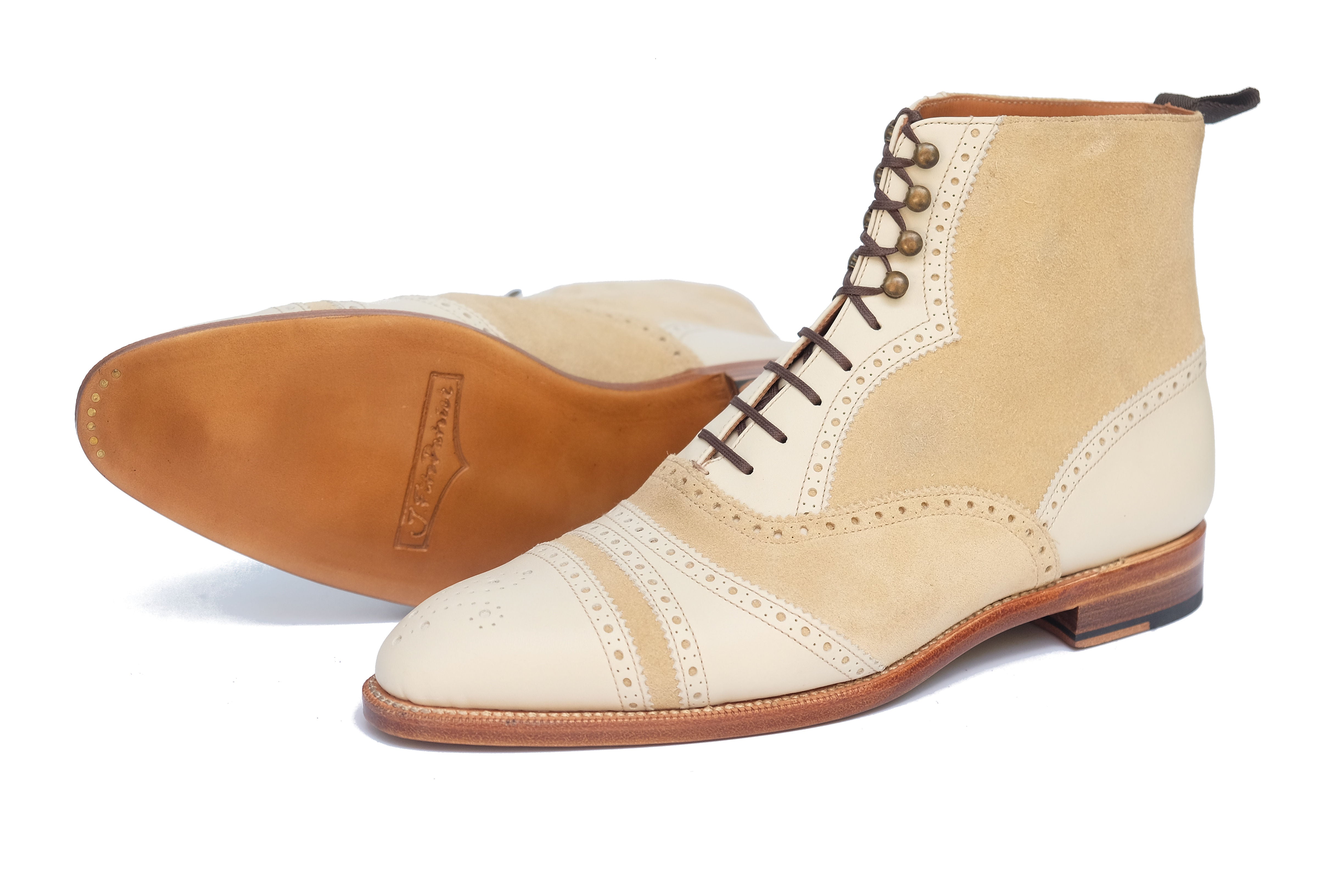 Whitman - MTO - Crust Calf / Light Cream Suede - NGT last - Single Leather Sole - Fleur De Lys Medallion-Made To Order Cap Toe Tarsal Brogue Boot-J.FitzPatrick Footwear
