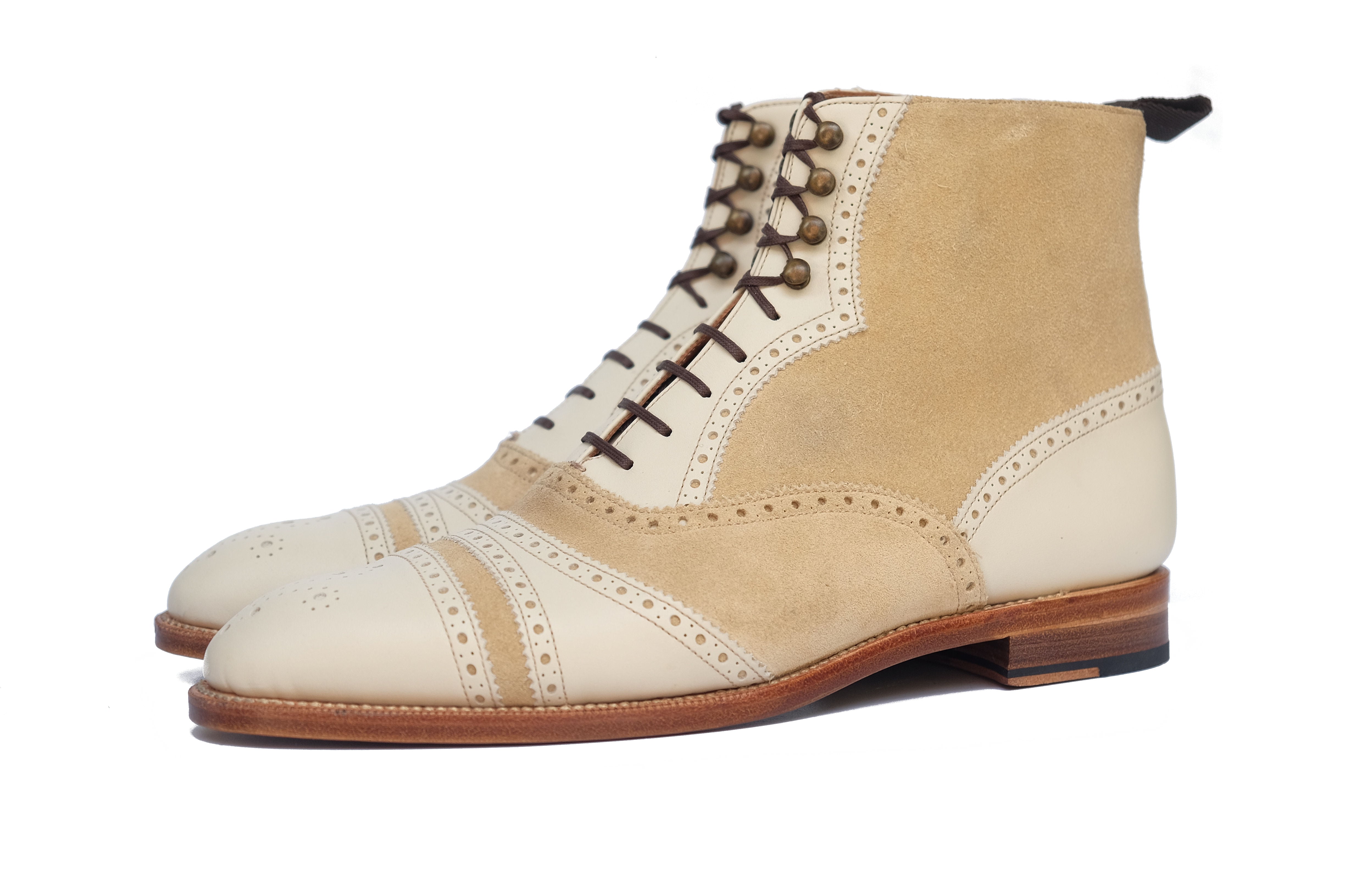 Whitman - MTO - Crust Calf / Light Cream Suede - NGT last - Single Leather Sole - Fleur De Lys Medallion-Made To Order Cap Toe Tarsal Brogue Boot-J.FitzPatrick Footwear